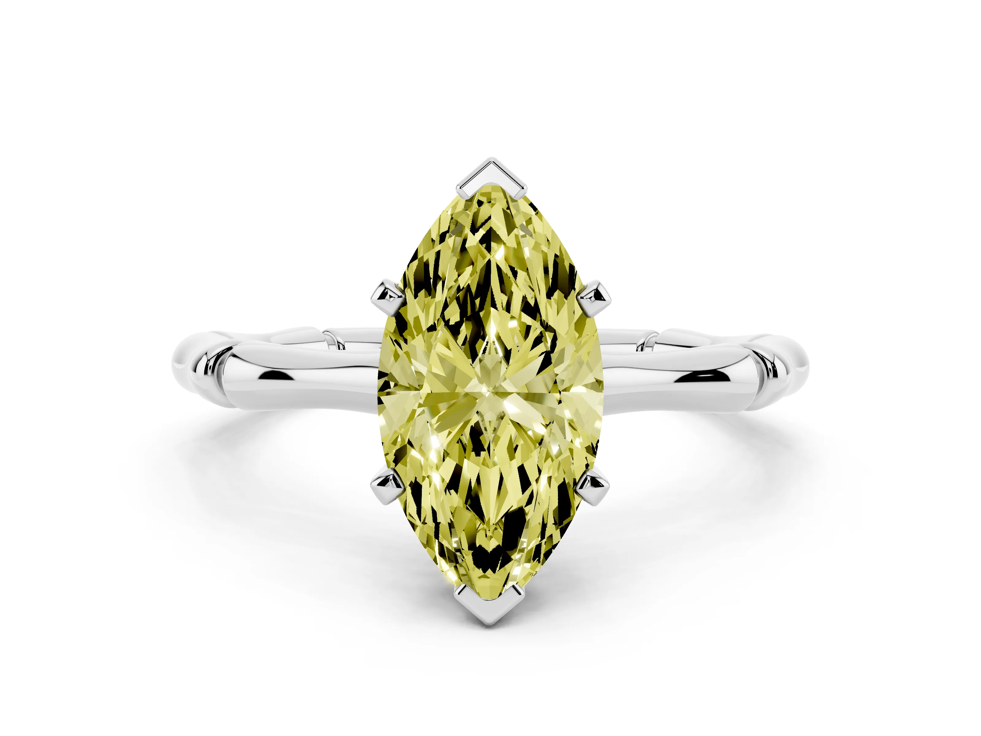 Fancy Yellow Marquise Cut Diamond Solitaire Ring Set in Silver with Bamboo Band and Prong Setting