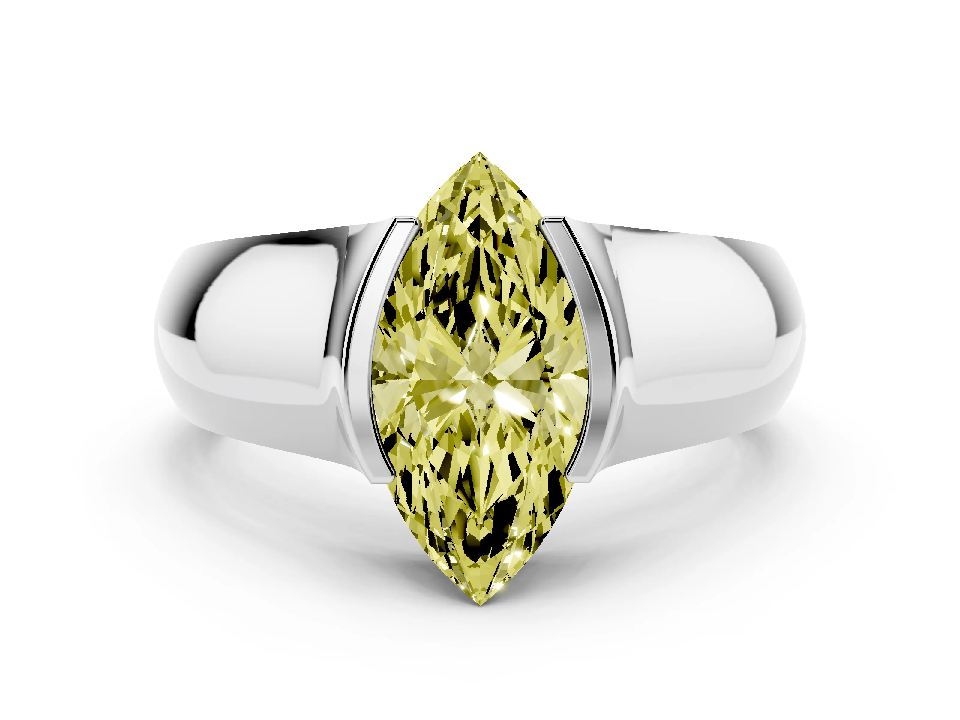 Fancy Yellow Marquise Cut Diamond Bezel Solitaire Ring Set in White gold with Wide Band