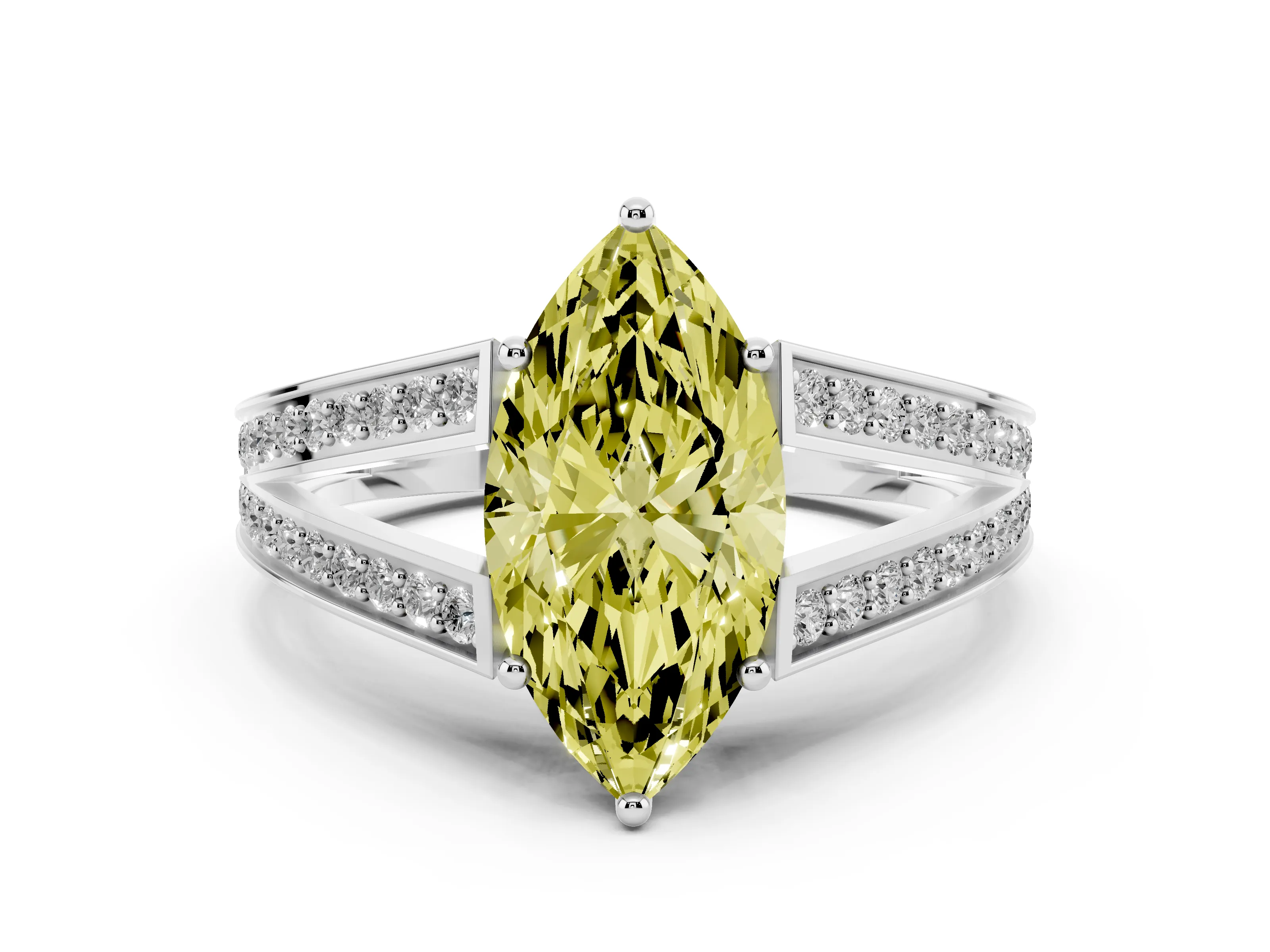 Fancy Yellow Marquise Cut Diamond Split Shank Ring Set in Silver with Pavé Band and Prong Setting