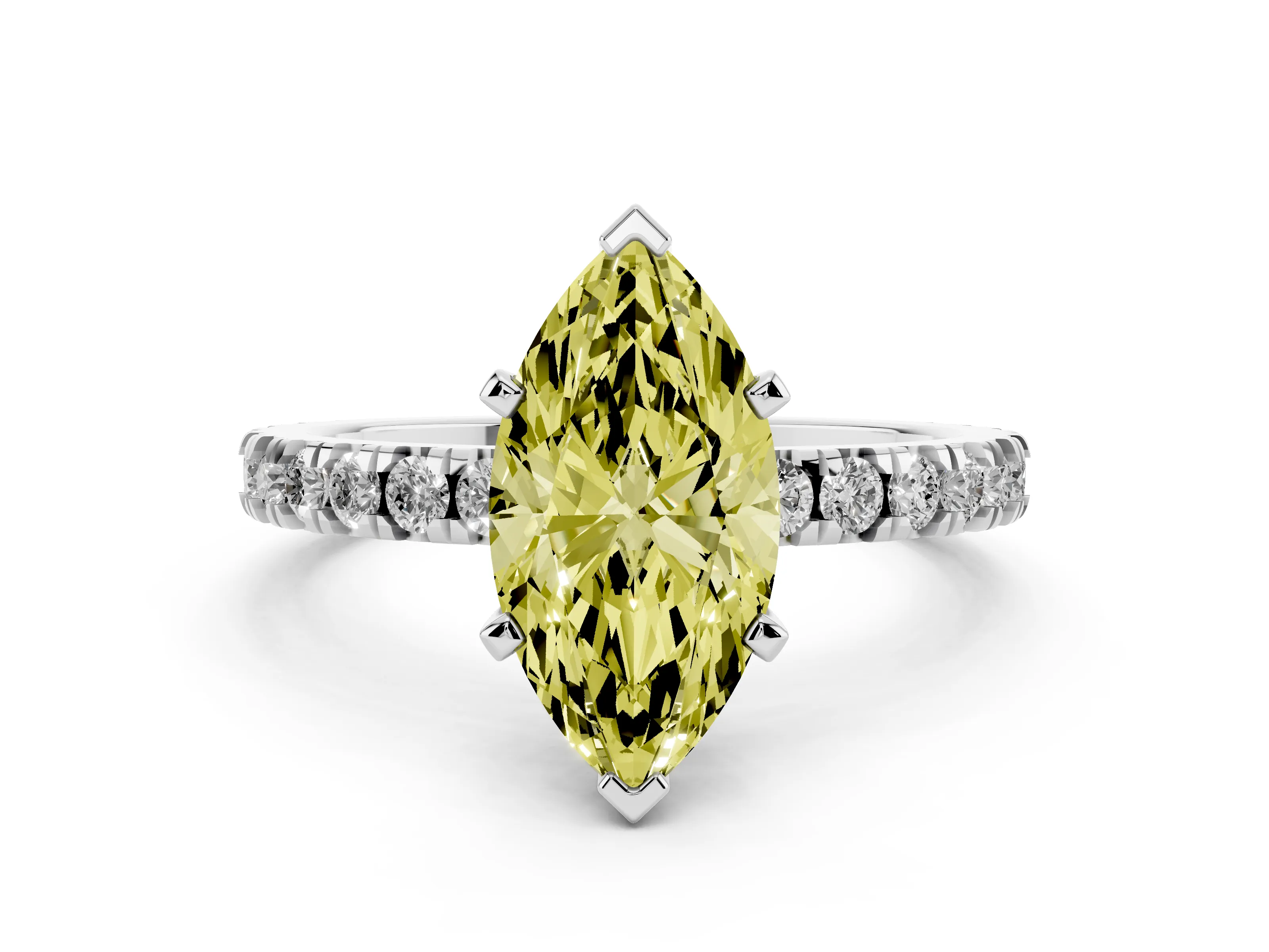 Fancy Yellow Marquise Cut Diamond Pavé Band Solitaire Set in White gold with Prong Setting