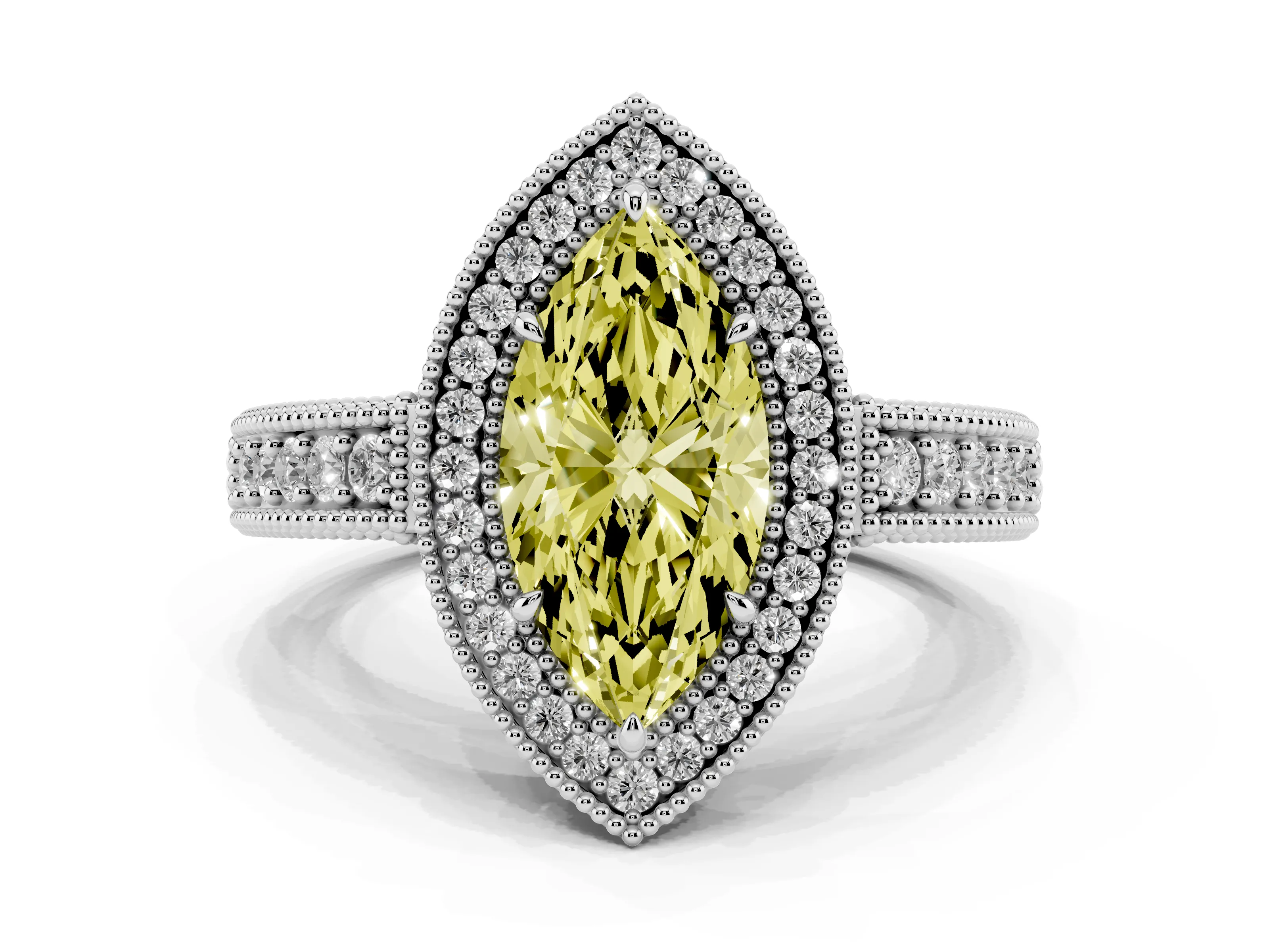 Fancy Yellow Marquise Cut Diamond Halo Ring Set in Silver with Round Accent Halo, Pavé Band and Prong Setting