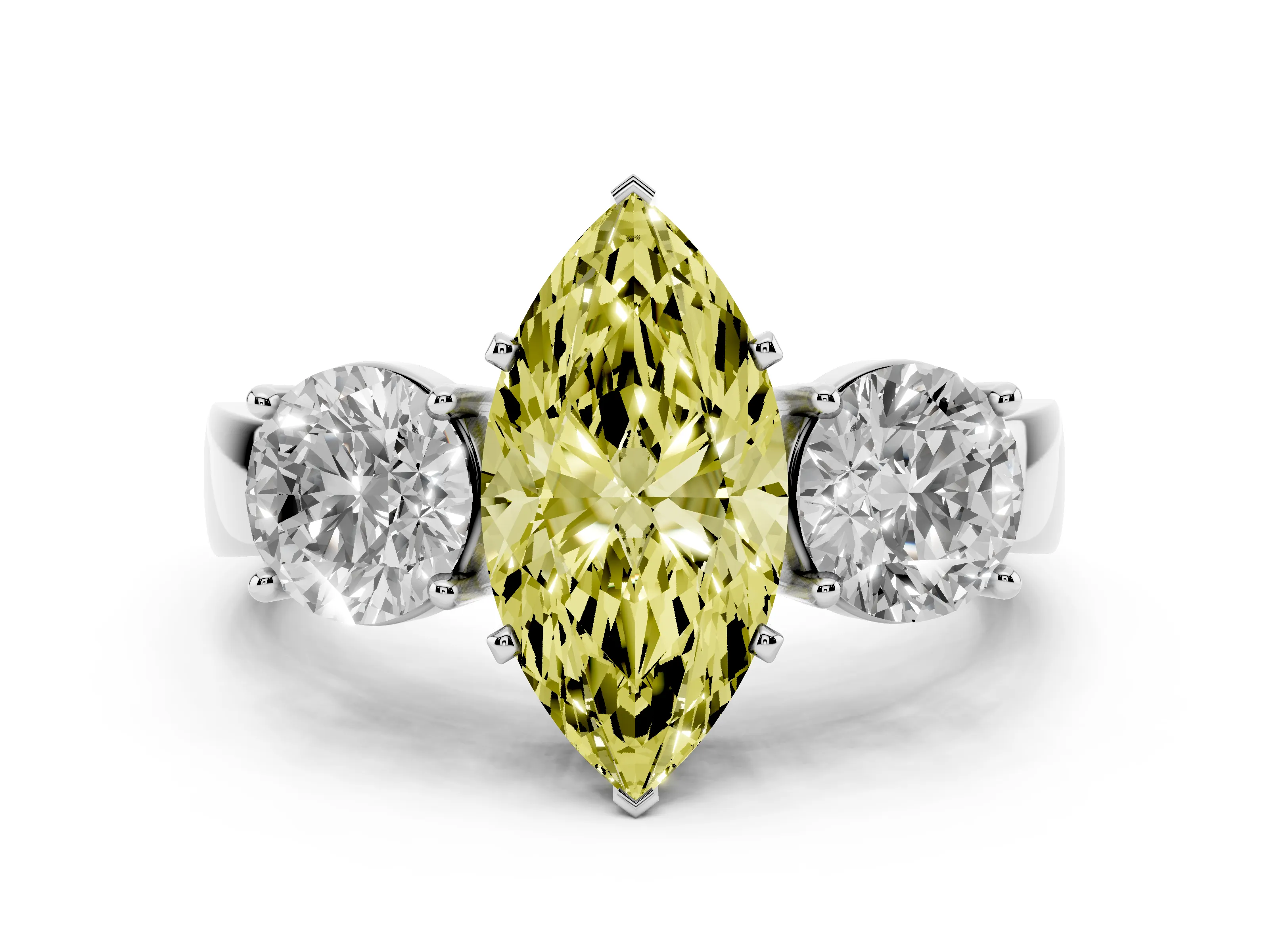 Fancy Yellow Marquise Cut Diamond Three-Stone Ring Set in Platinum with Round Side Stones and Classic Band