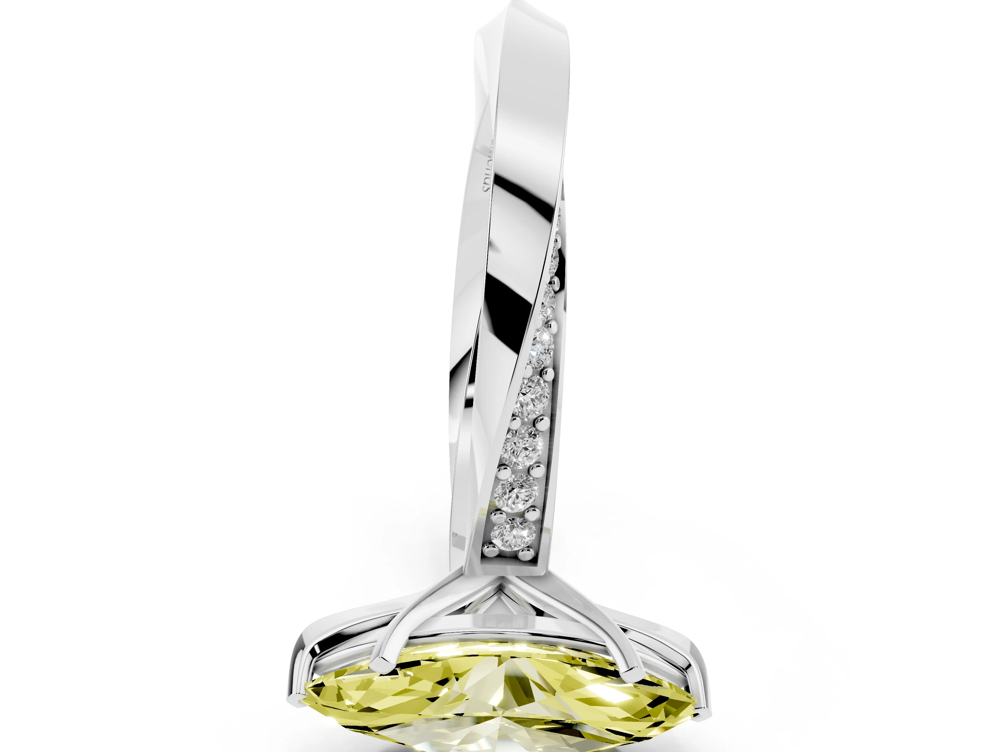 Fancy Yellow Marquise Cut Diamond Engagement Ring Set in Platinum with Side Stone Accents and Prong Setting
