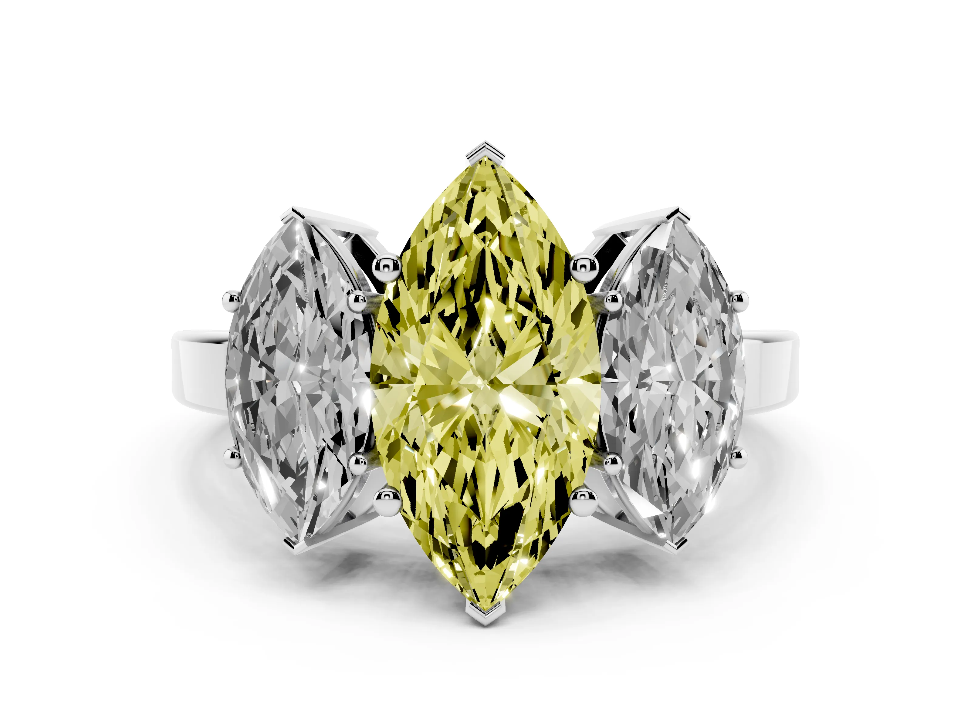 Fancy Yellow Marquise Cut Diamond Three-Stone Engagement Ring Set in Platinum with Flat Band