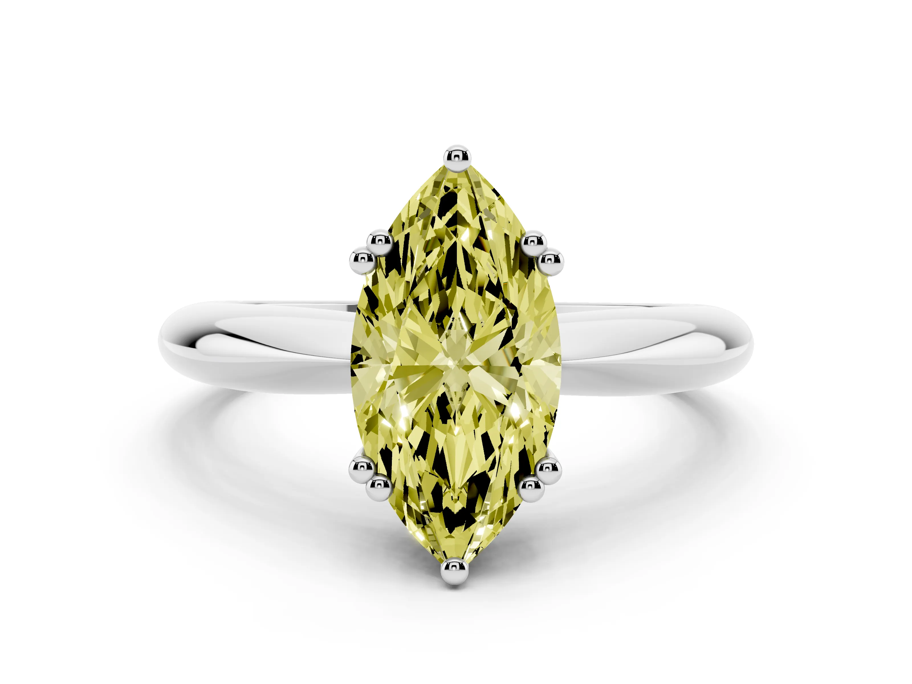 Fancy Yellow Marquise Cut Diamond Solitaire Engagement Ring Set in Platinum with Tapered Band and Prong Setting