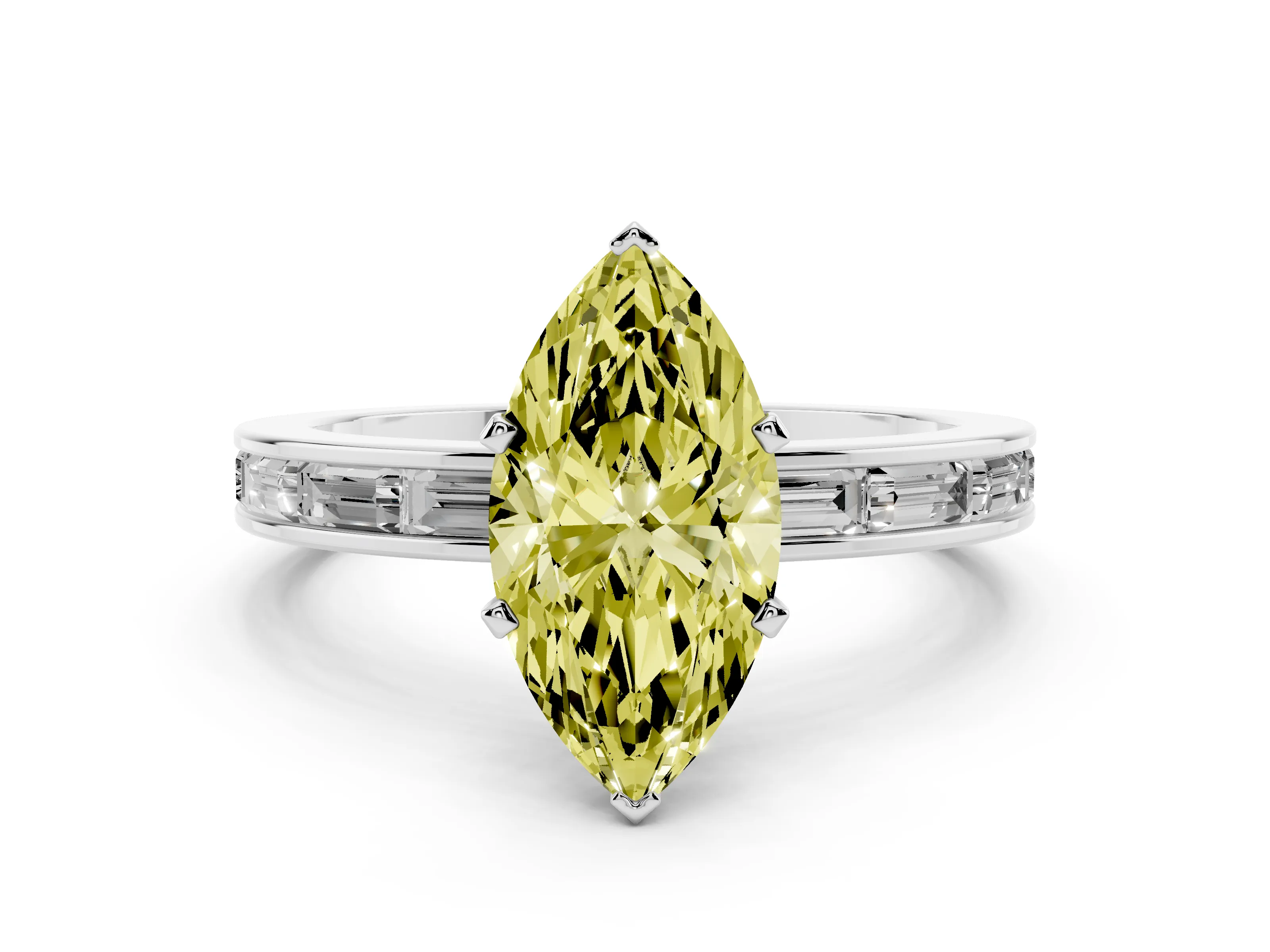 Fancy Yellow Marquise Cut Diamond Solitaire Ring Set in Platinum with Channel-Set Baguette Band and Prong Setting