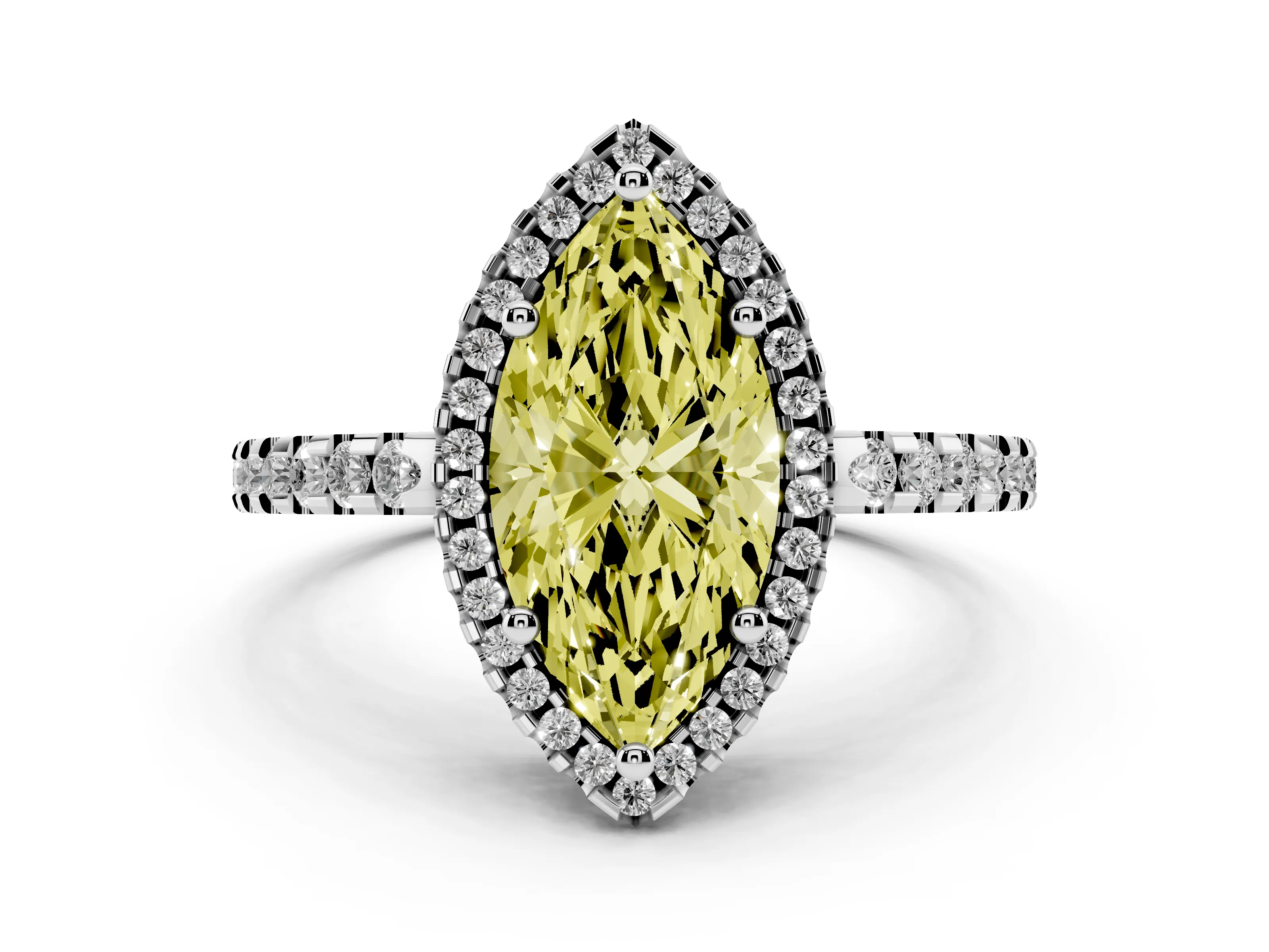 Fancy Yellow Marquise Cut Diamond Halo Ring Set in White gold with Pavé Shoulders and Halo-Framed Center