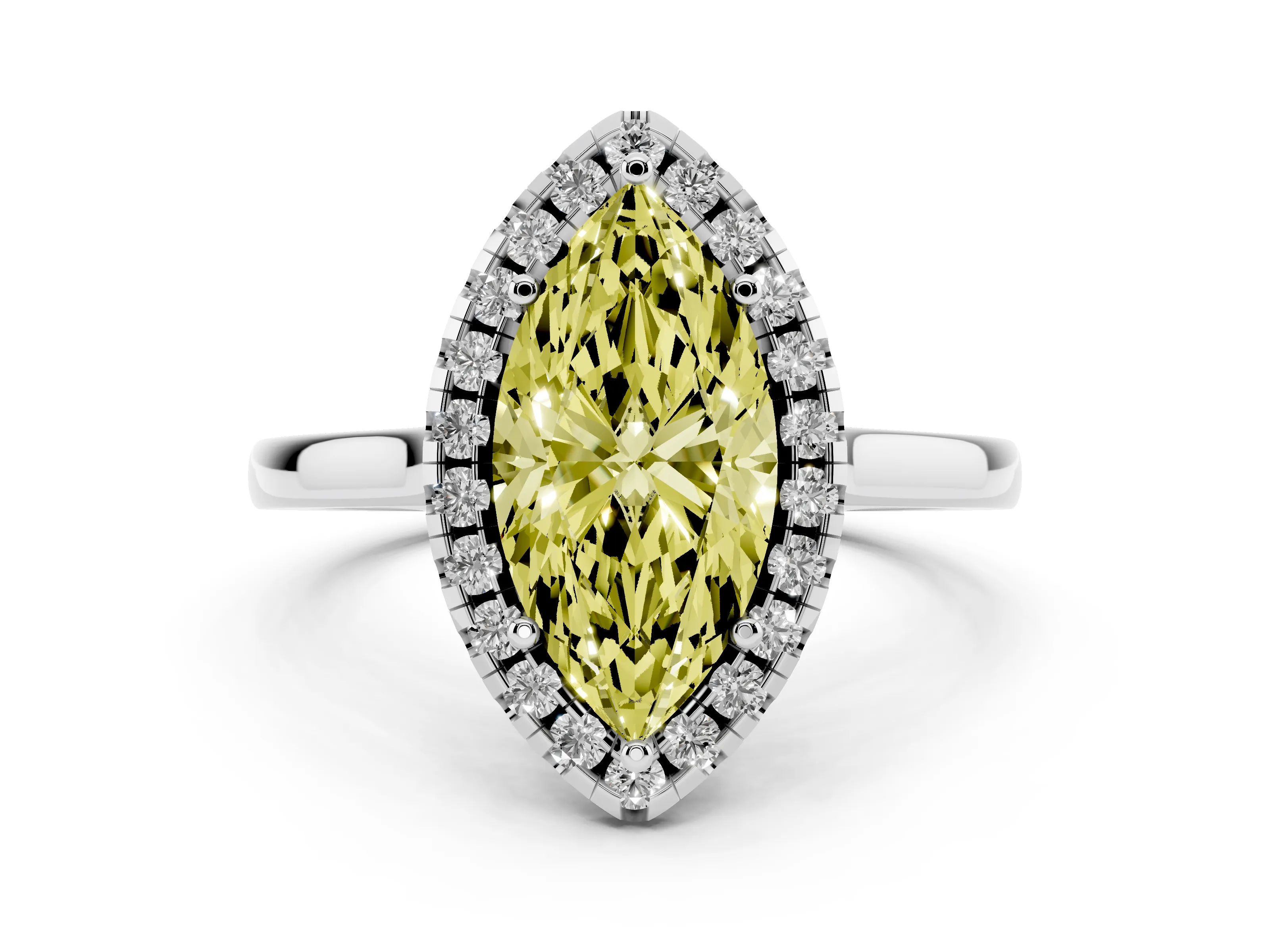 Fancy Yellow Marquise Cut Halo Round Diamond Solitaire Ring Set in Platinum with Pavé Band and Prong Setting