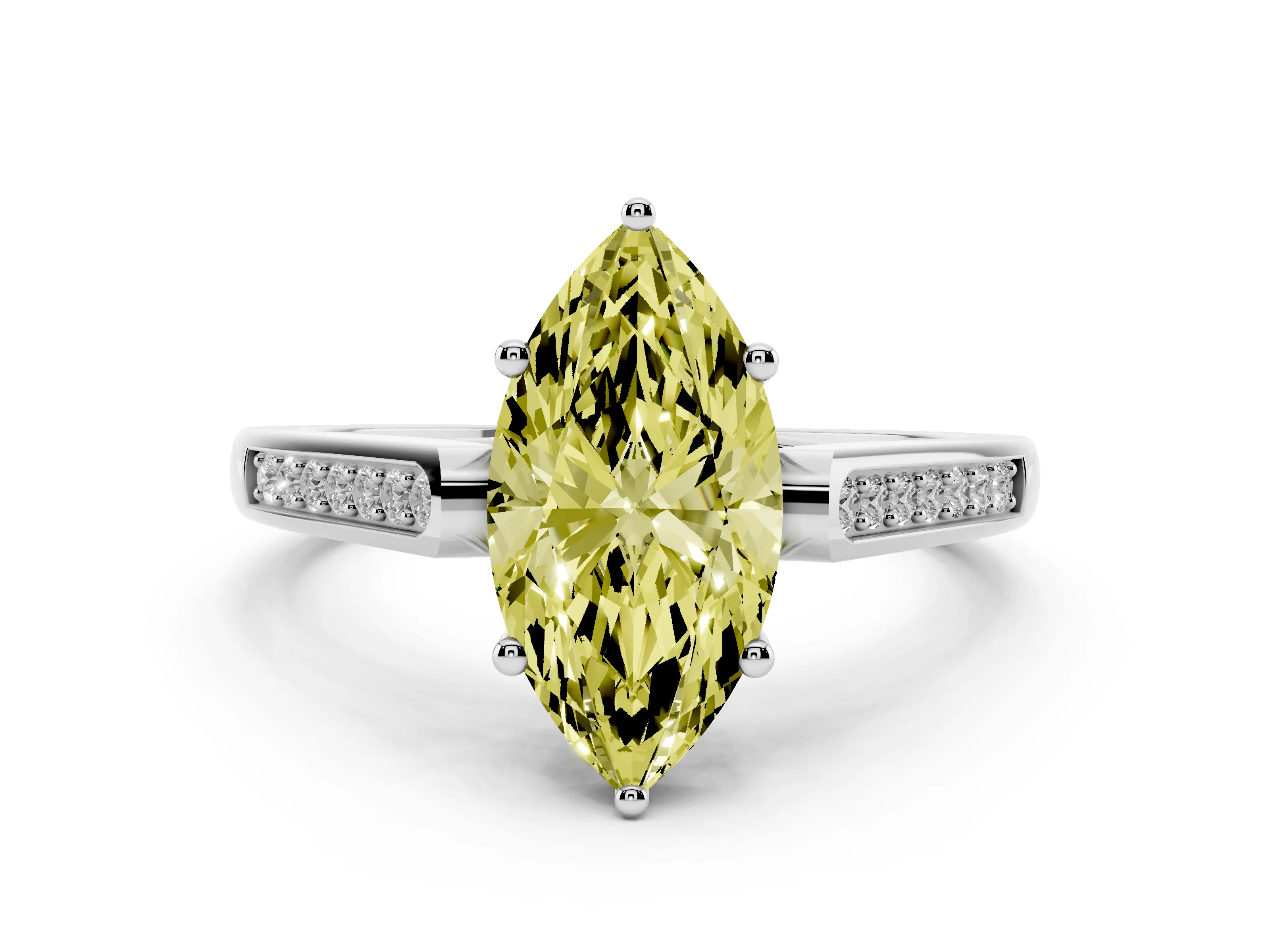 Fancy Yellow Marquise Cut Diamond Solitaire Cathedral Engagement Ring Set in White gold with Channel-Set Band and Prong Setting