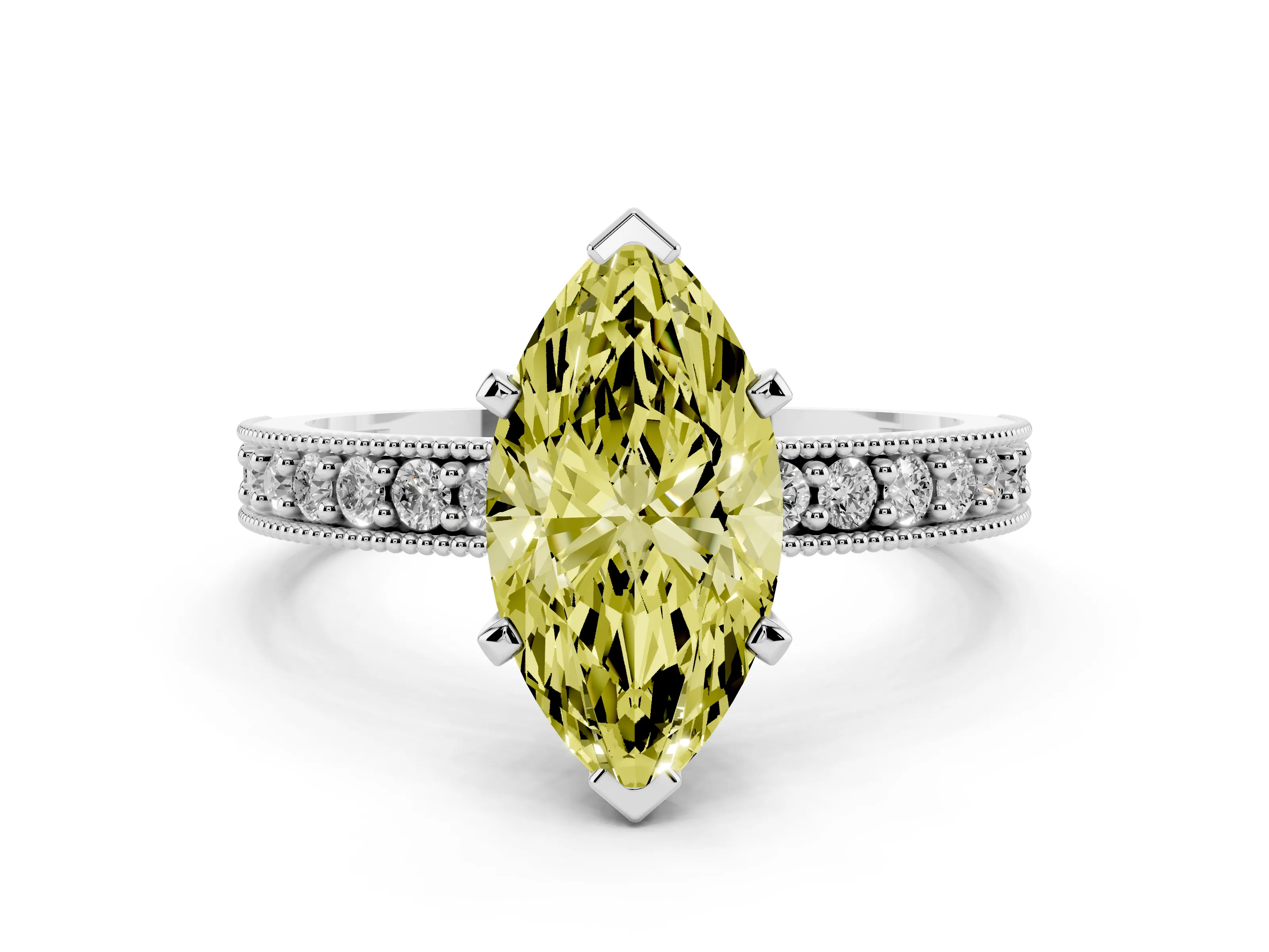 Fancy Yellow Marquise Cut Diamond Milgrain Pavé Engagement Ring Set in Silver with Prong Setting
