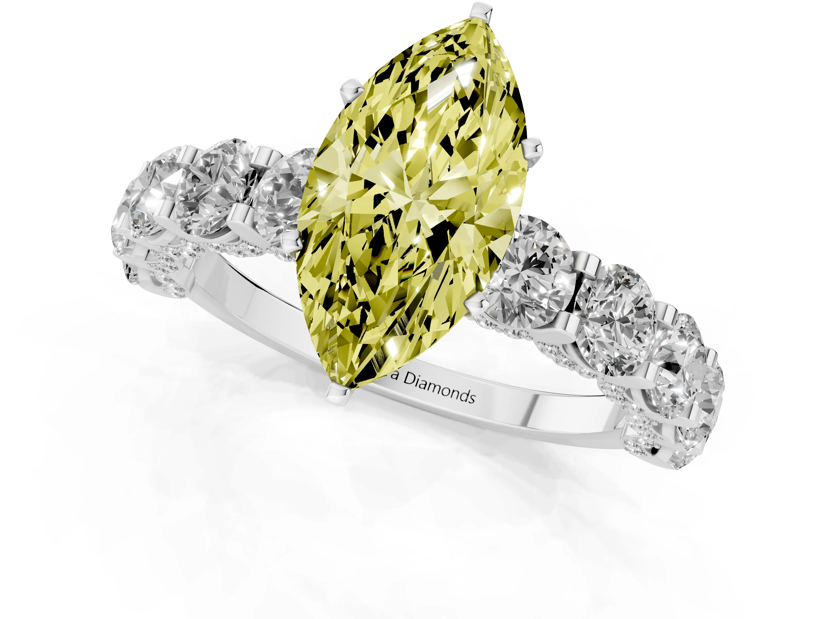 Fancy Yellow Marquise Cut Diamond Side Stone Ring Set in Silver with Alternating Round and Oval Side Stones