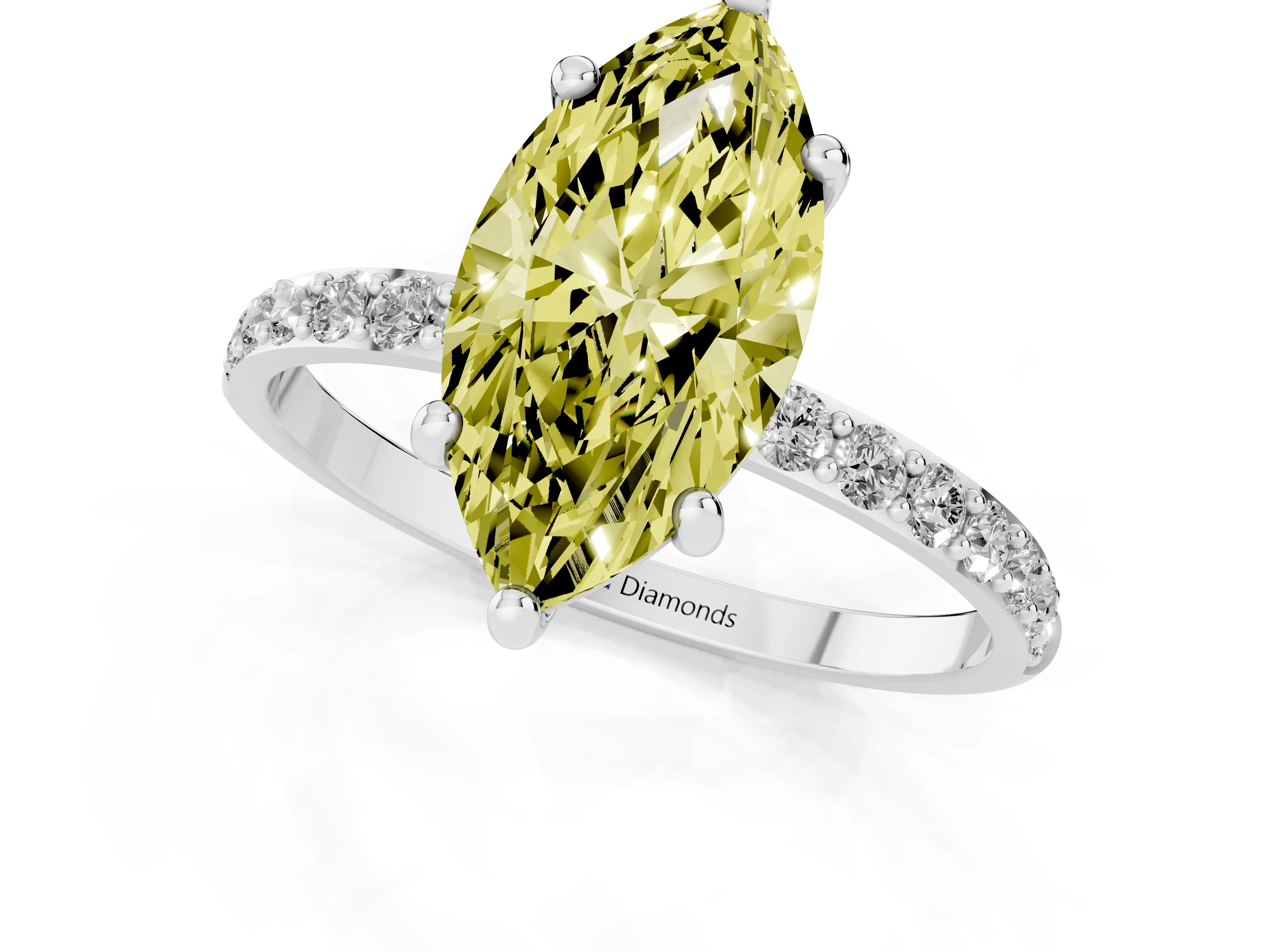 Fancy Yellow Marquise Cut Diamond Solitaire Ring Set in Platinum with Round Pavé Band and Prong Setting