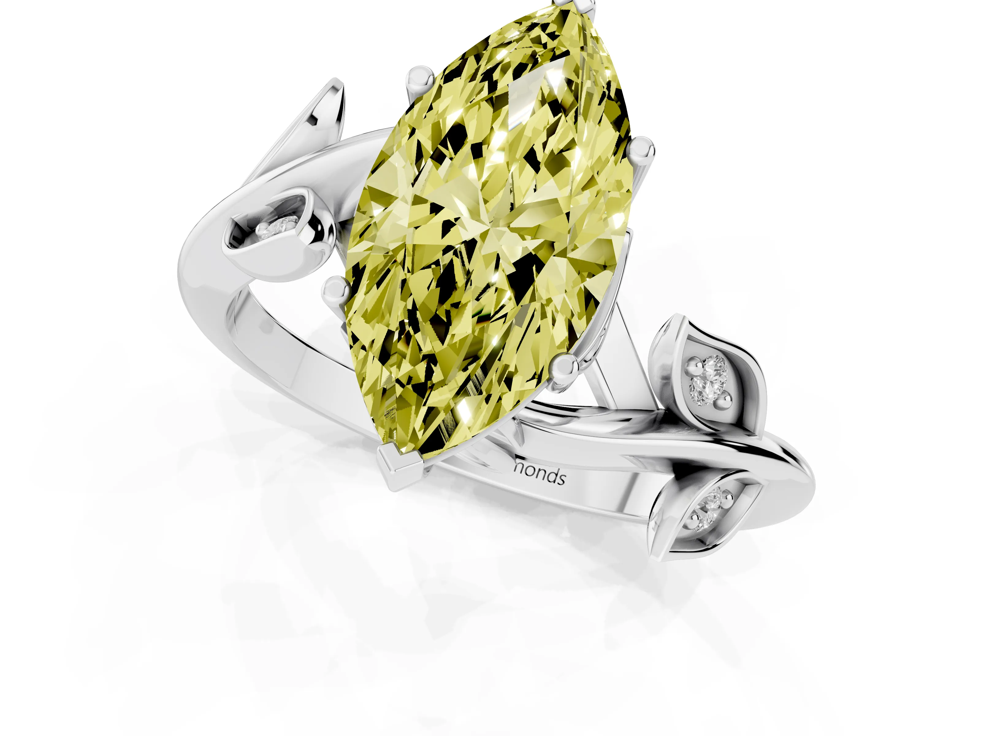 Fancy Yellow Marquise Cut Diamond Solitaire Twist Engagement Ring Set in Silver with Pavé Leaf Accents
