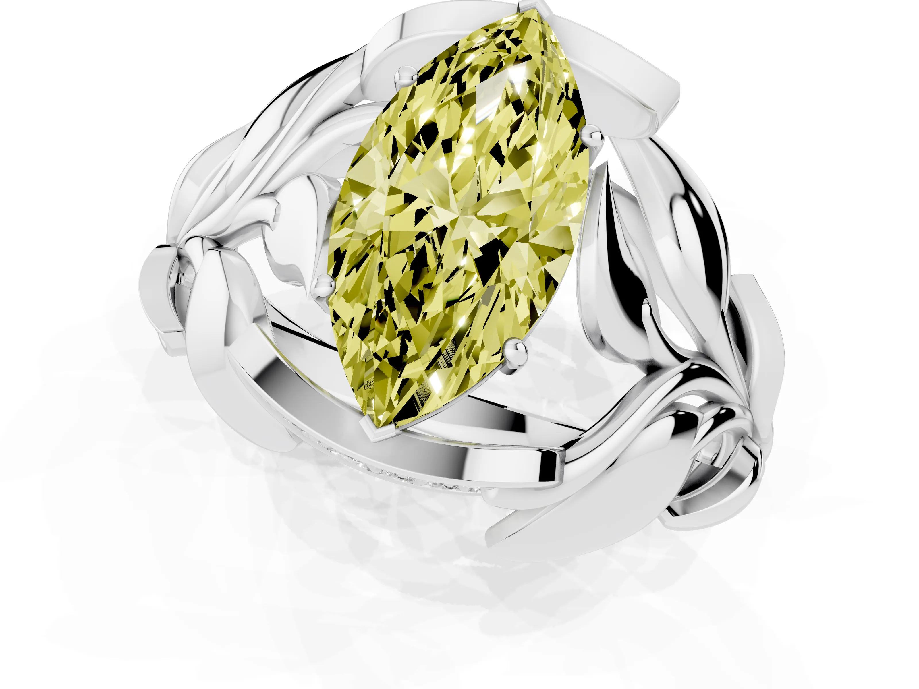 Fancy Yellow Marquise Cut Diamond Leaf-Inspired Engagement Ring Set in Platinum with Round Accents