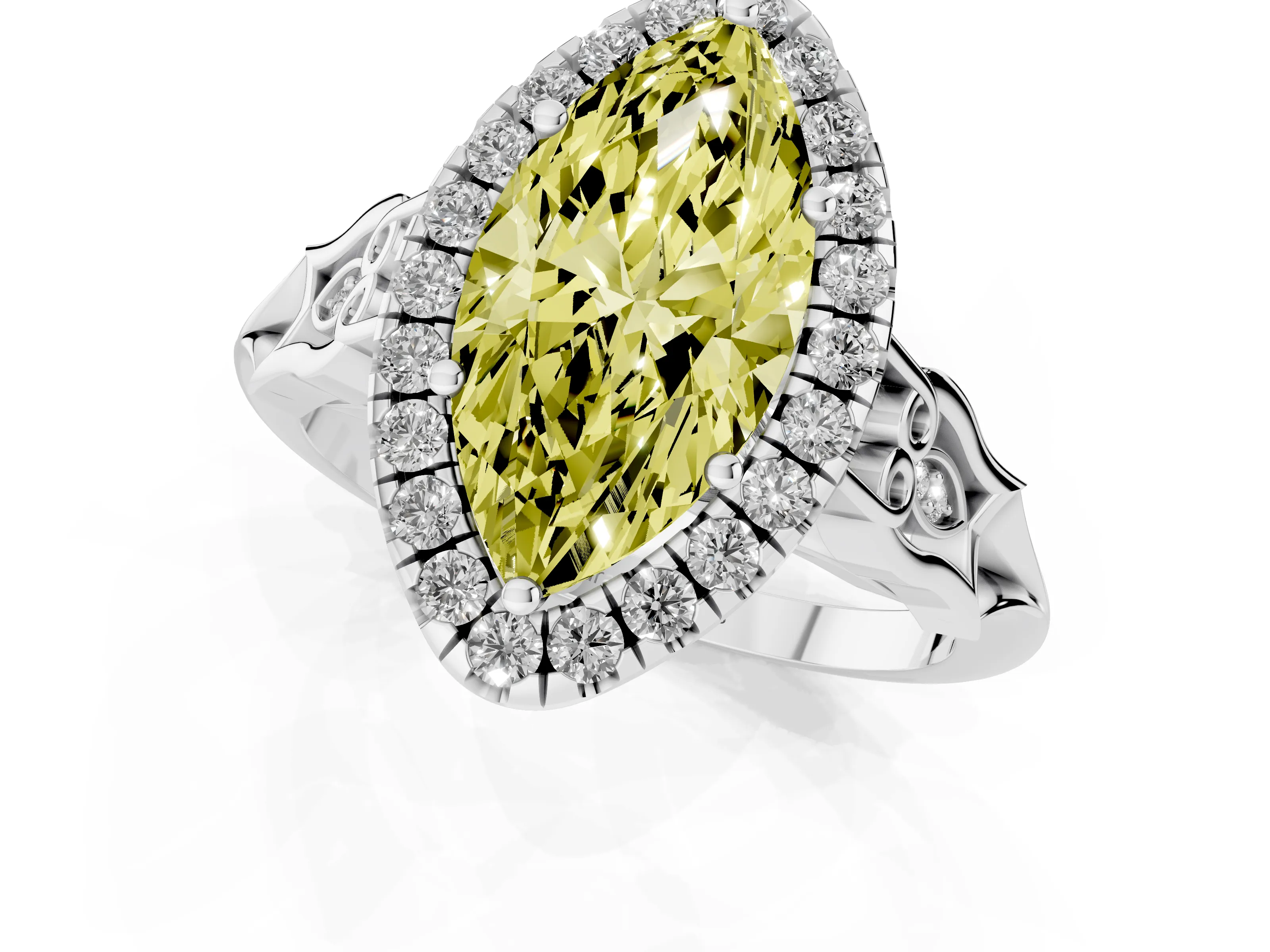 Fancy Yellow Marquise Cut Diamond Halo Engagement Ring Set in White gold with Filigree Band and Prong-Set Center