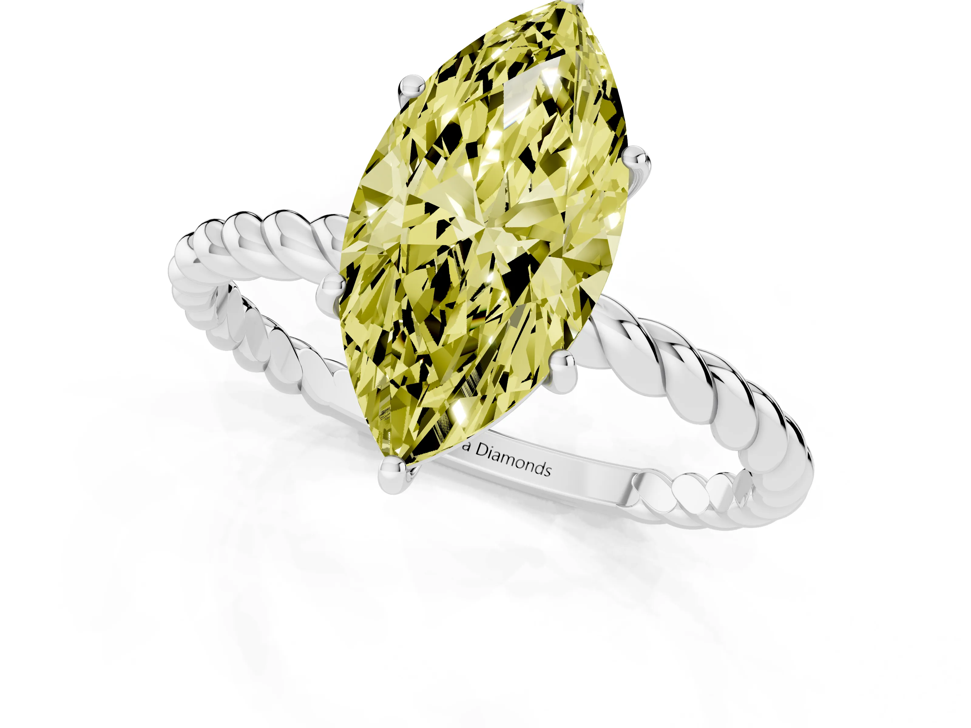 Fancy Yellow Marquise Cut Diamond Solitaire Ring Set in Silver with Twist Band and Prong Setting