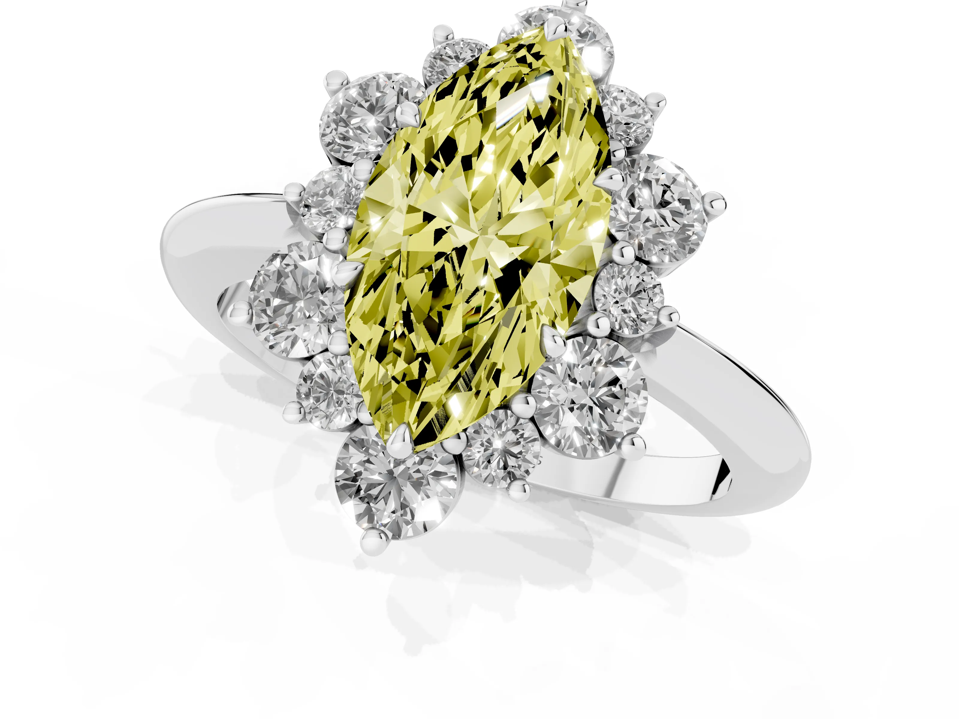 Fancy Yellow Marquise Cut Diamond Cluster Halo Ring Set in White gold with Solitaire Band and Prong Setting