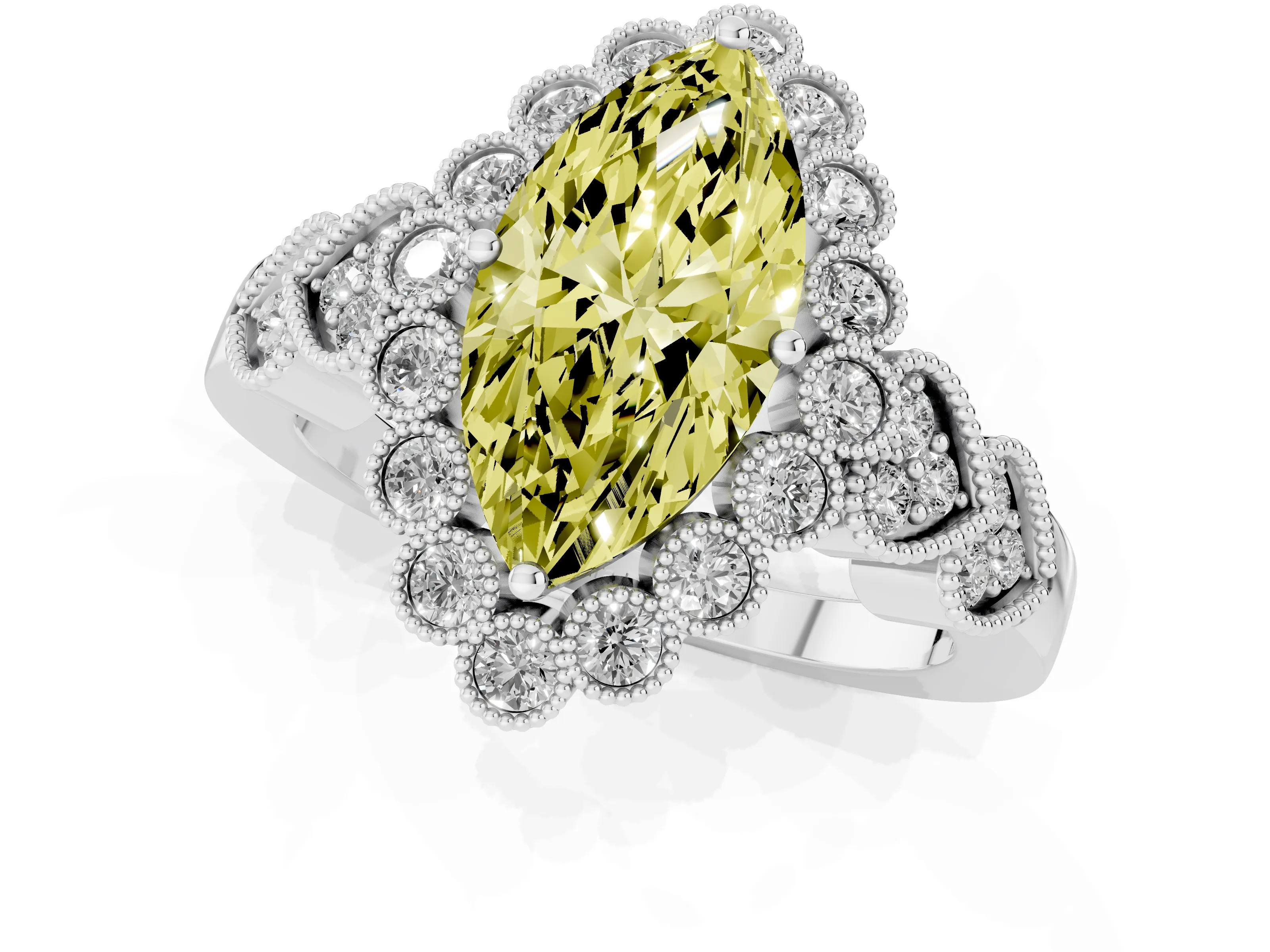 Fancy Yellow Marquise Cut Diamond Solitaire Ring Set in Platinum with Milgrain Pavé Heart Band