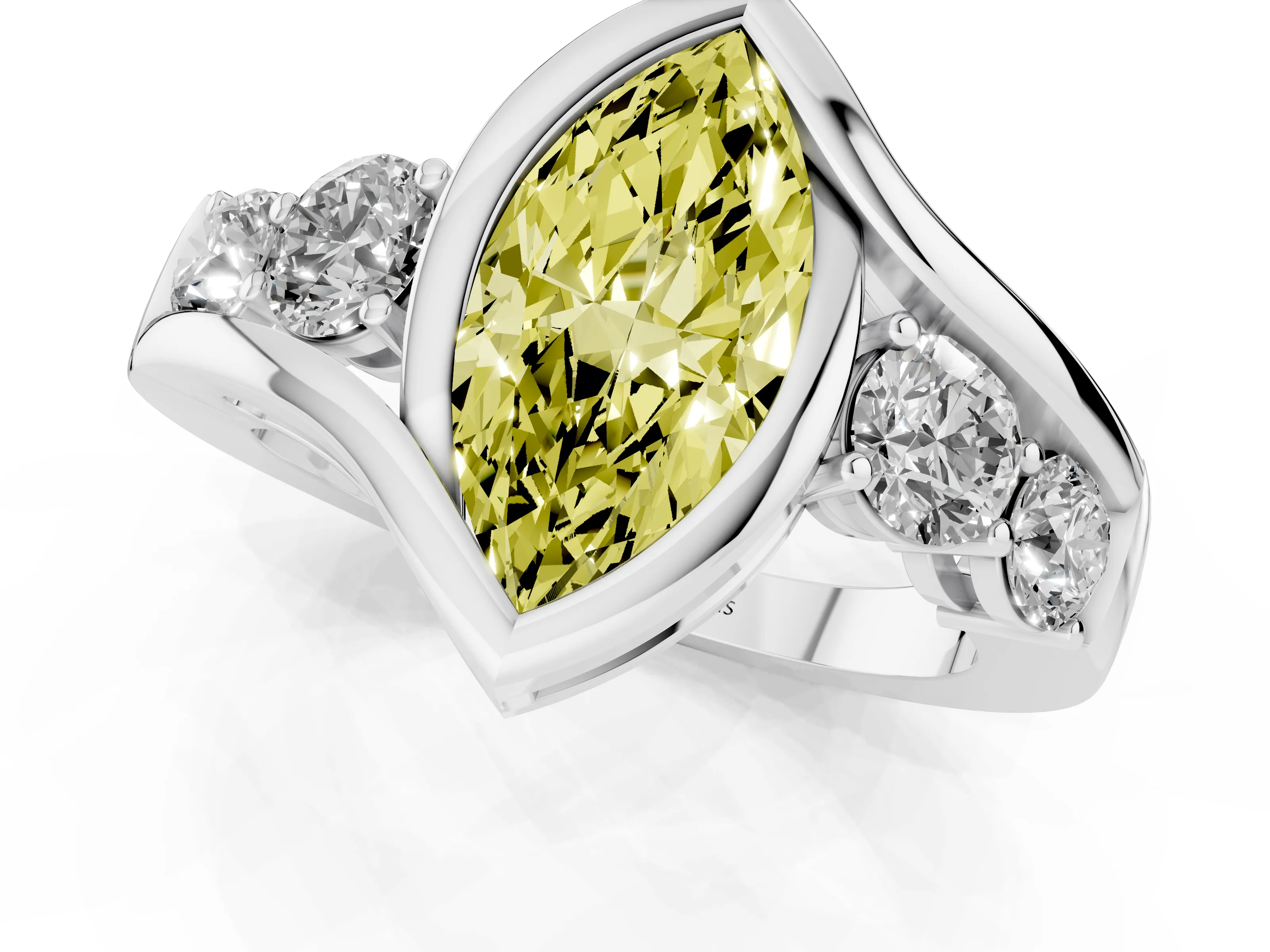 Fancy Yellow Marquise Cut Diamond Bezel Bypass Ring Set in Silver with Round Accents