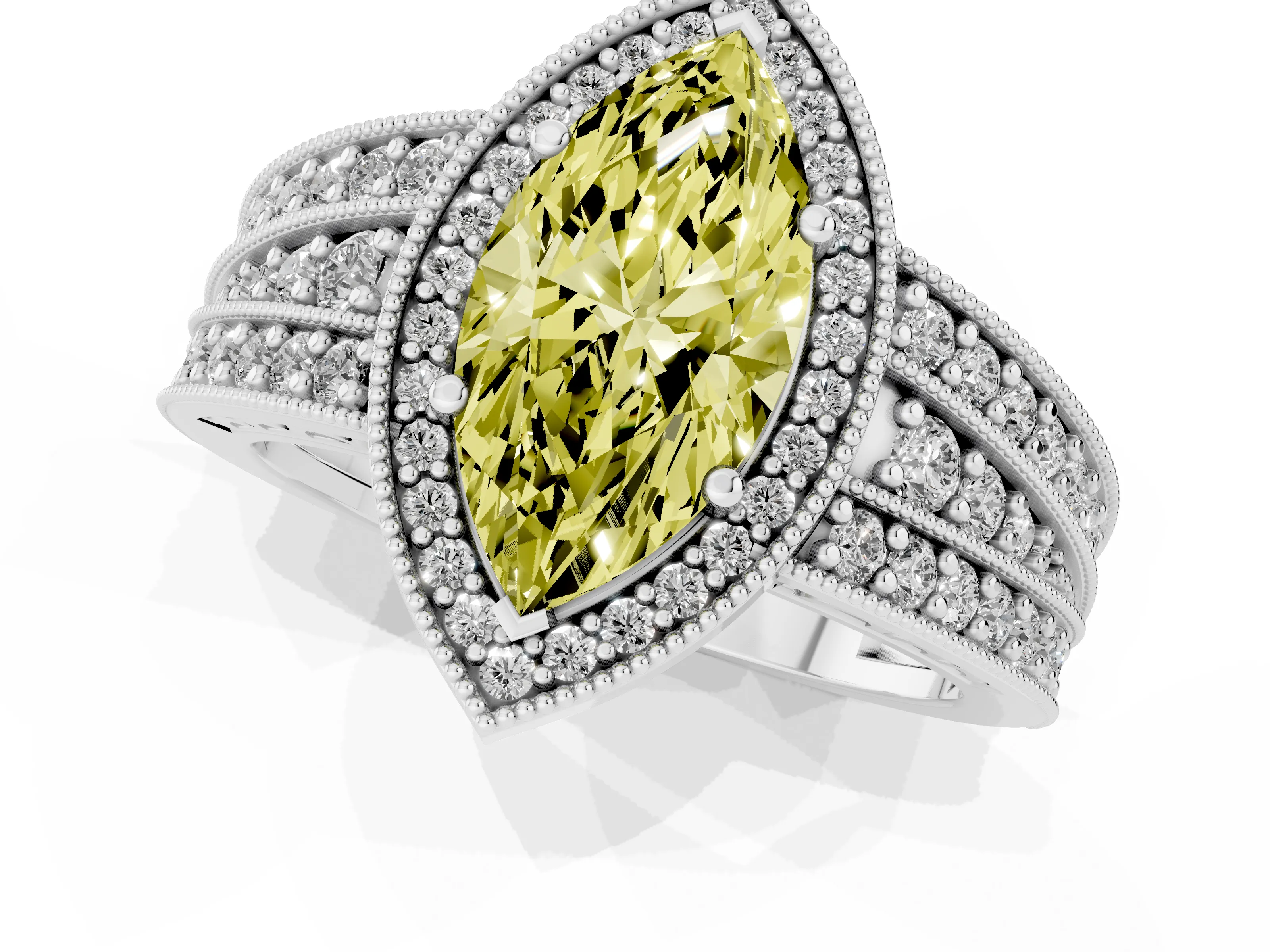 Fancy Yellow Marquise Cut Diamond Halo Ring Set in Silver with Accent Split Shank and Prong Setting