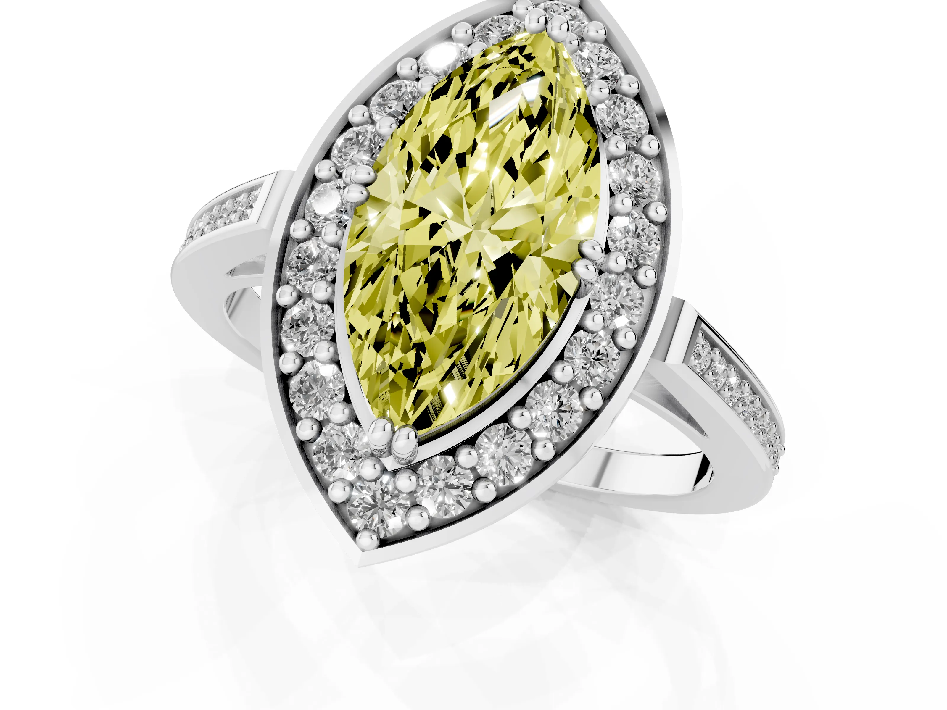 Fancy Yellow Marquise Cut Diamond Halo Ring Set in White gold with Accent-Lined Split Shank and Prong Setting