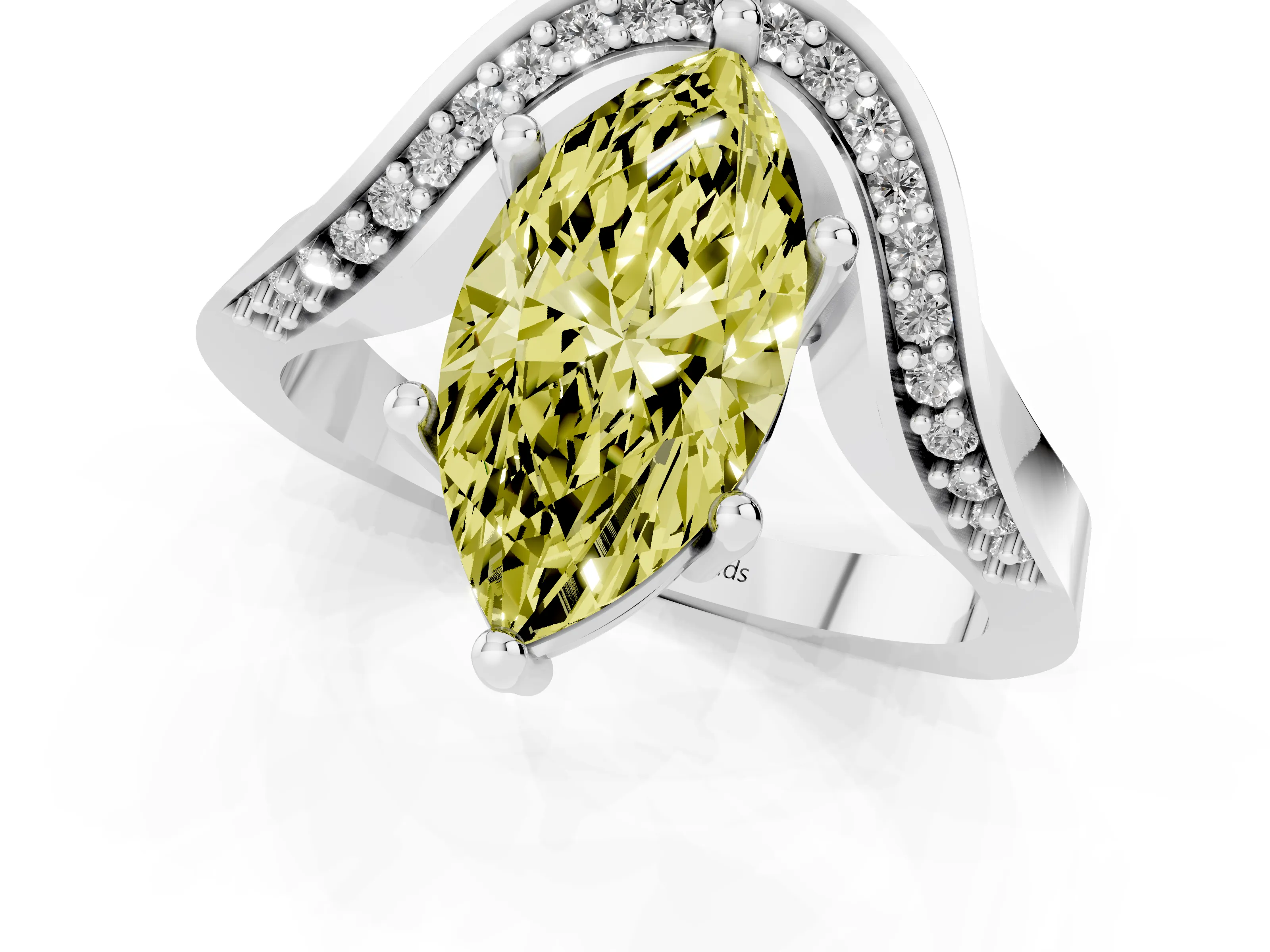 Fancy Yellow Marquise Cut Diamond Solitaire Engagement Ring Set in Silver with Pavé Shoulders – second view