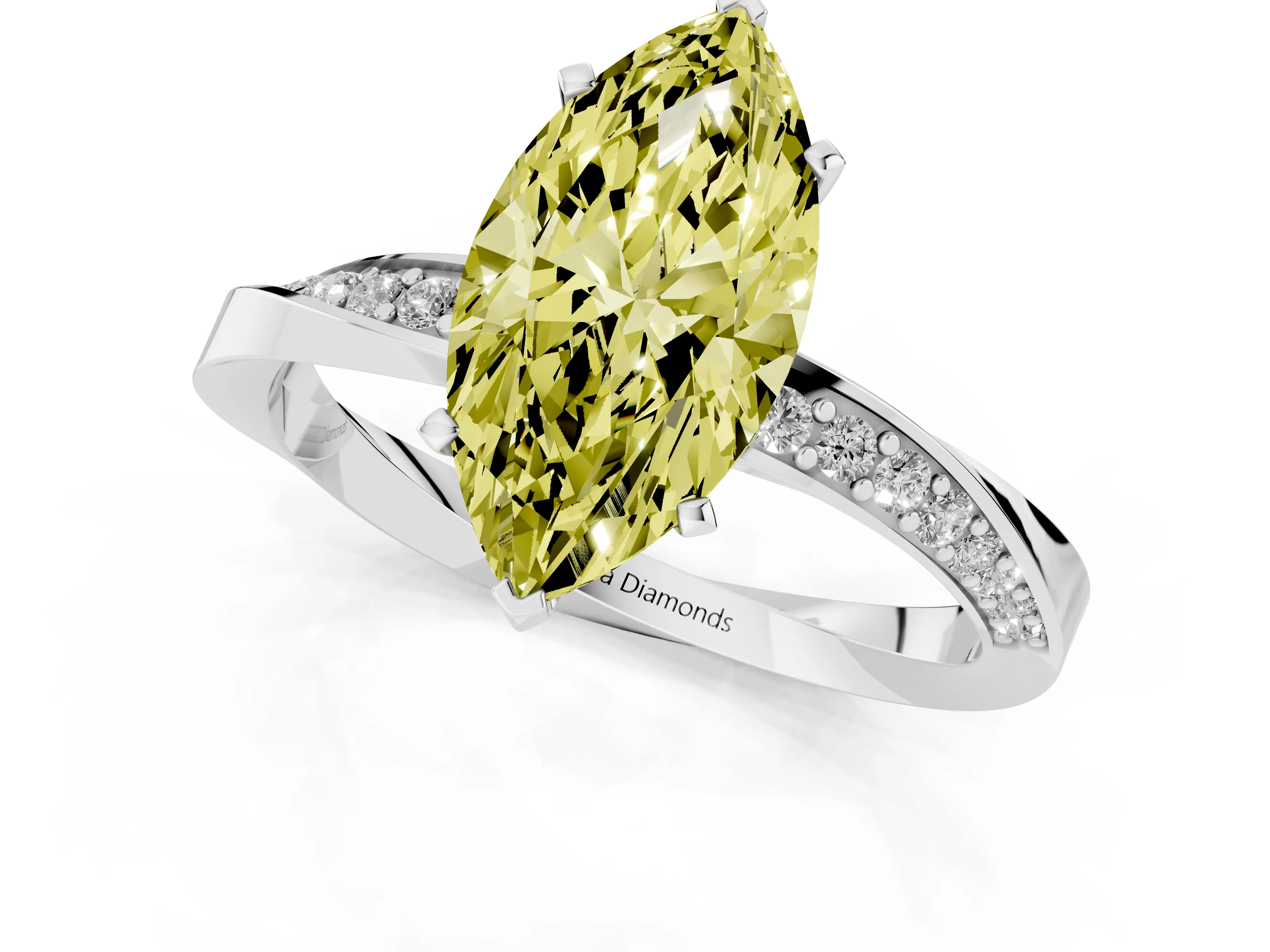Fancy Yellow Marquise Cut Diamond Engagement Ring Set in Platinum with Side Stone Accents and Prong Setting – second view