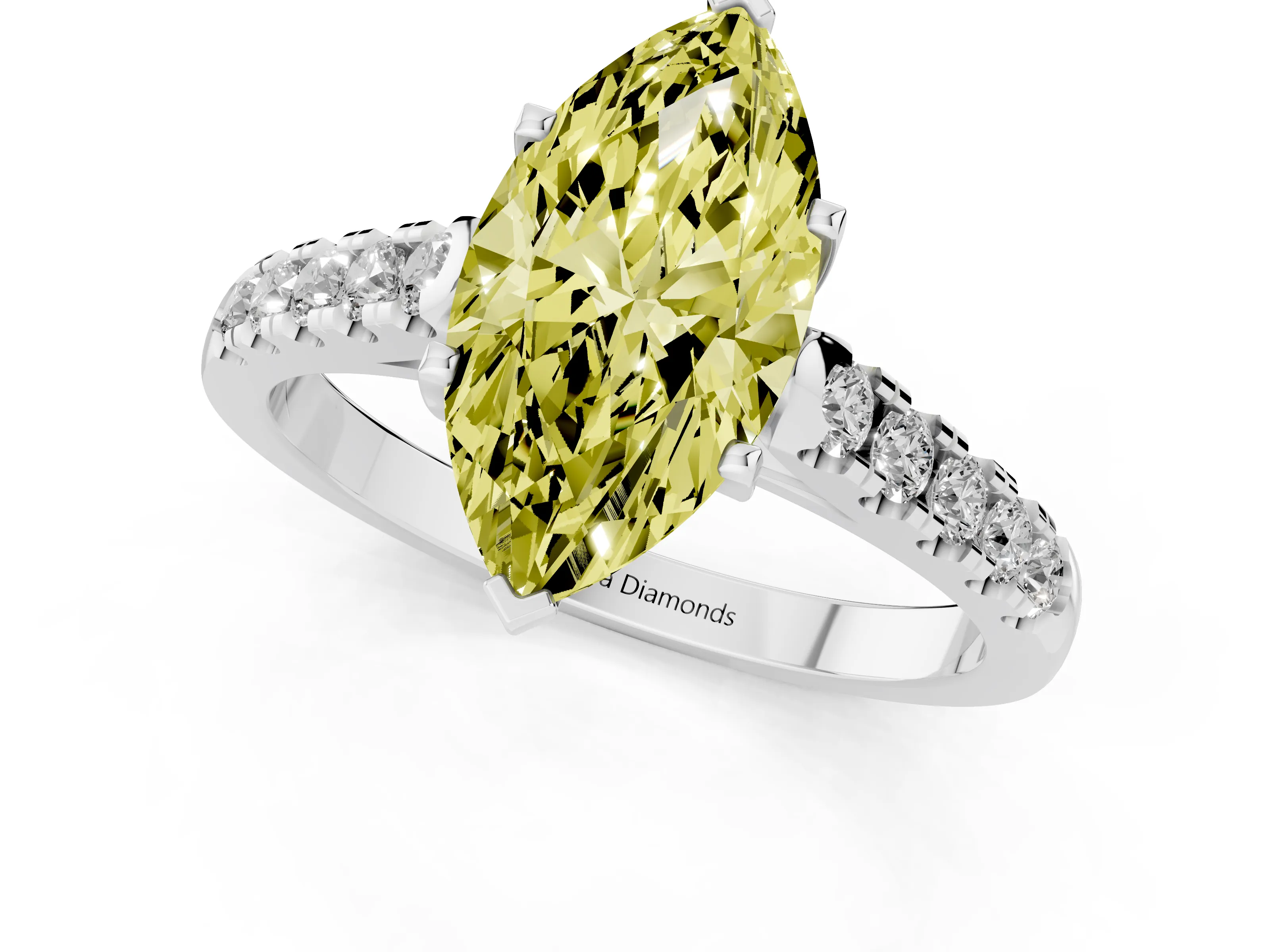Fancy Yellow Marquise Cut Diamond Pavé Band Solitaire Ring Set in White gold with Partway Accent Stones and Prong Setting