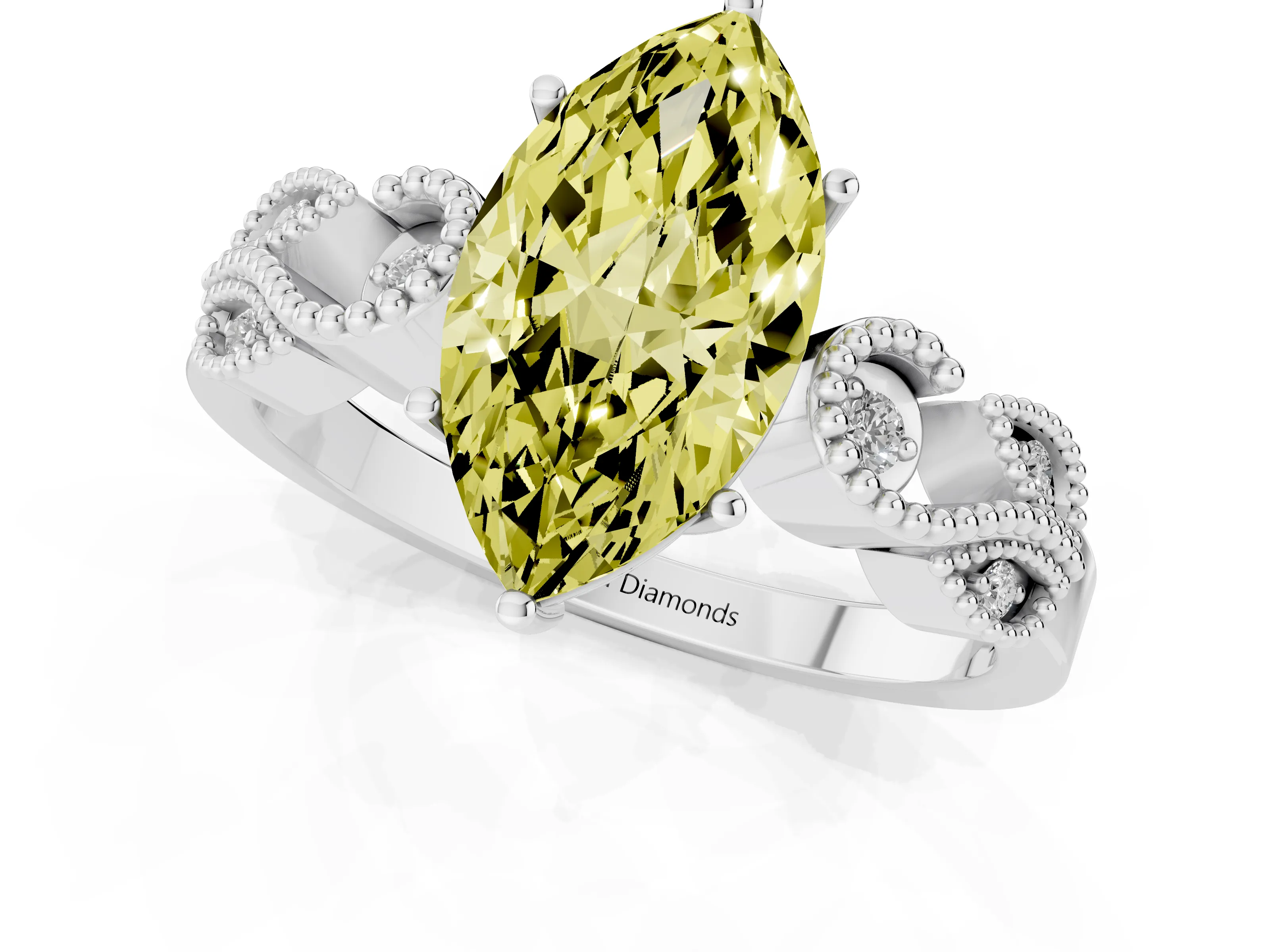 Fancy Yellow Marquise Cut Diamond Milgrain Leaf Band Solitaire Ring Set in White gold with Accent Stones and Prong Setting