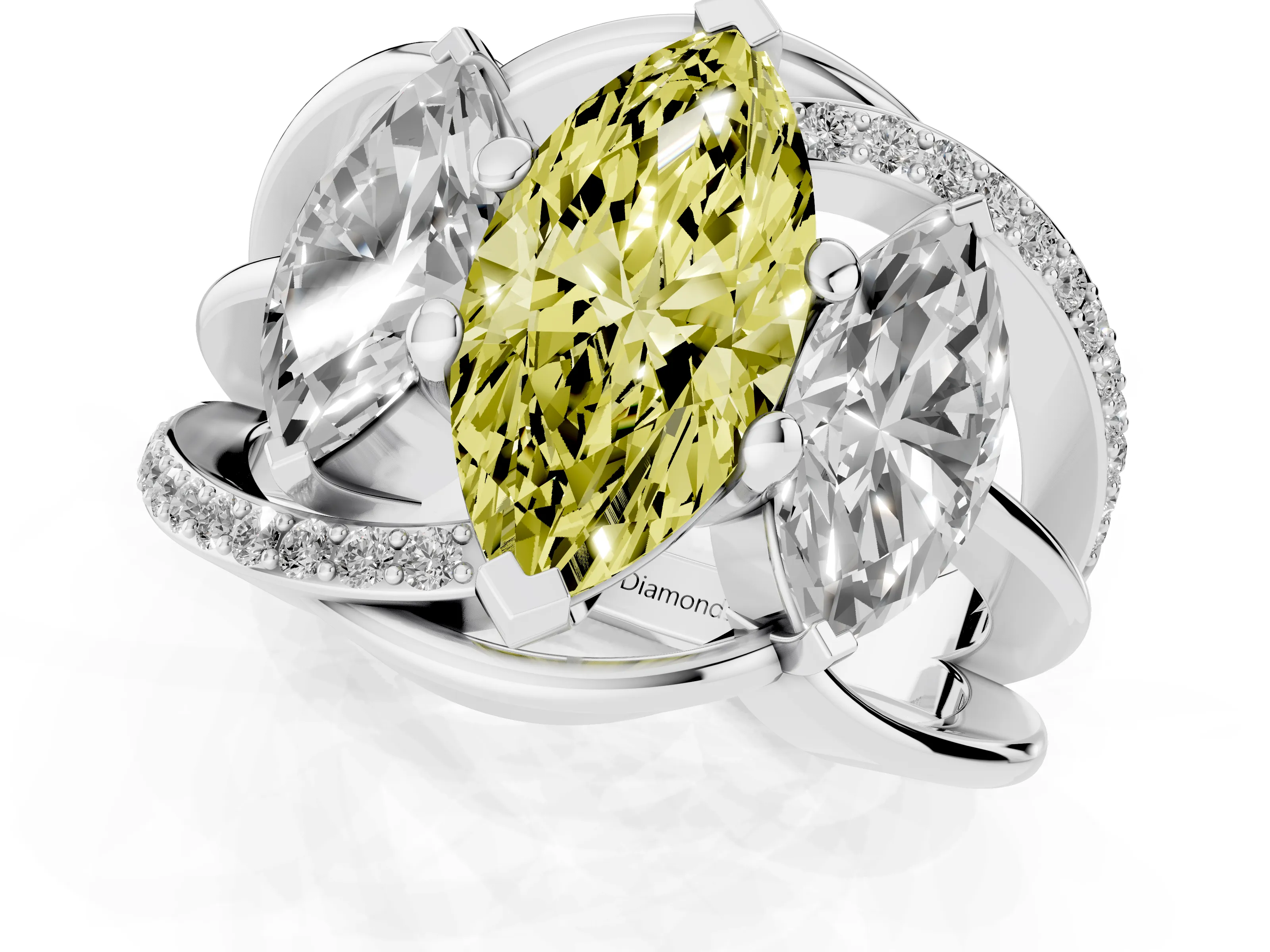 Fancy Yellow Marquise Cut Diamond Three-Stone Ring Set in Platinum with Split Shank and Prong Setting