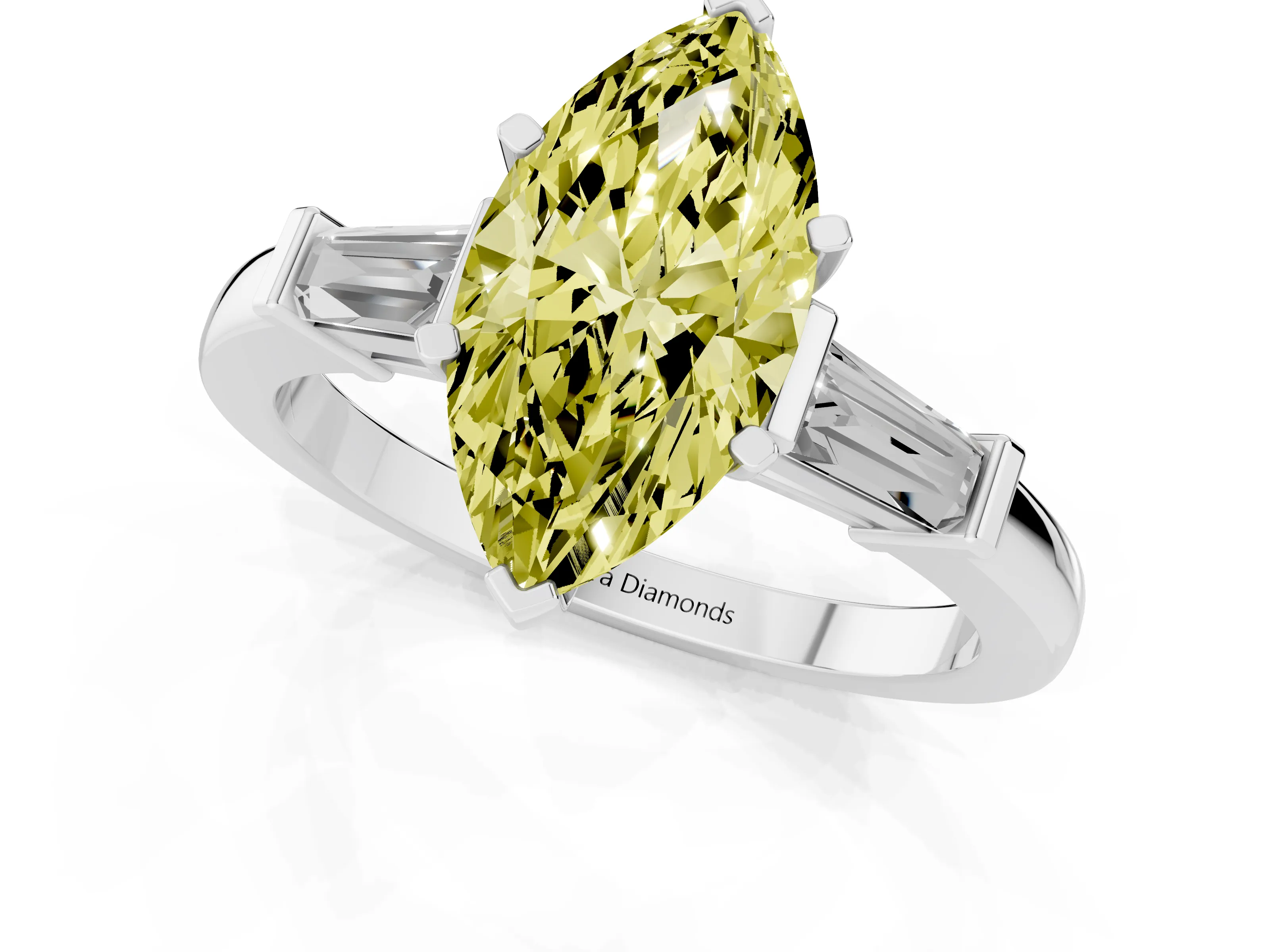 Fancy Yellow Marquise Cut Diamond Solitaire Ring Set in White gold with Tapered Baguette Accents and Prong Setting