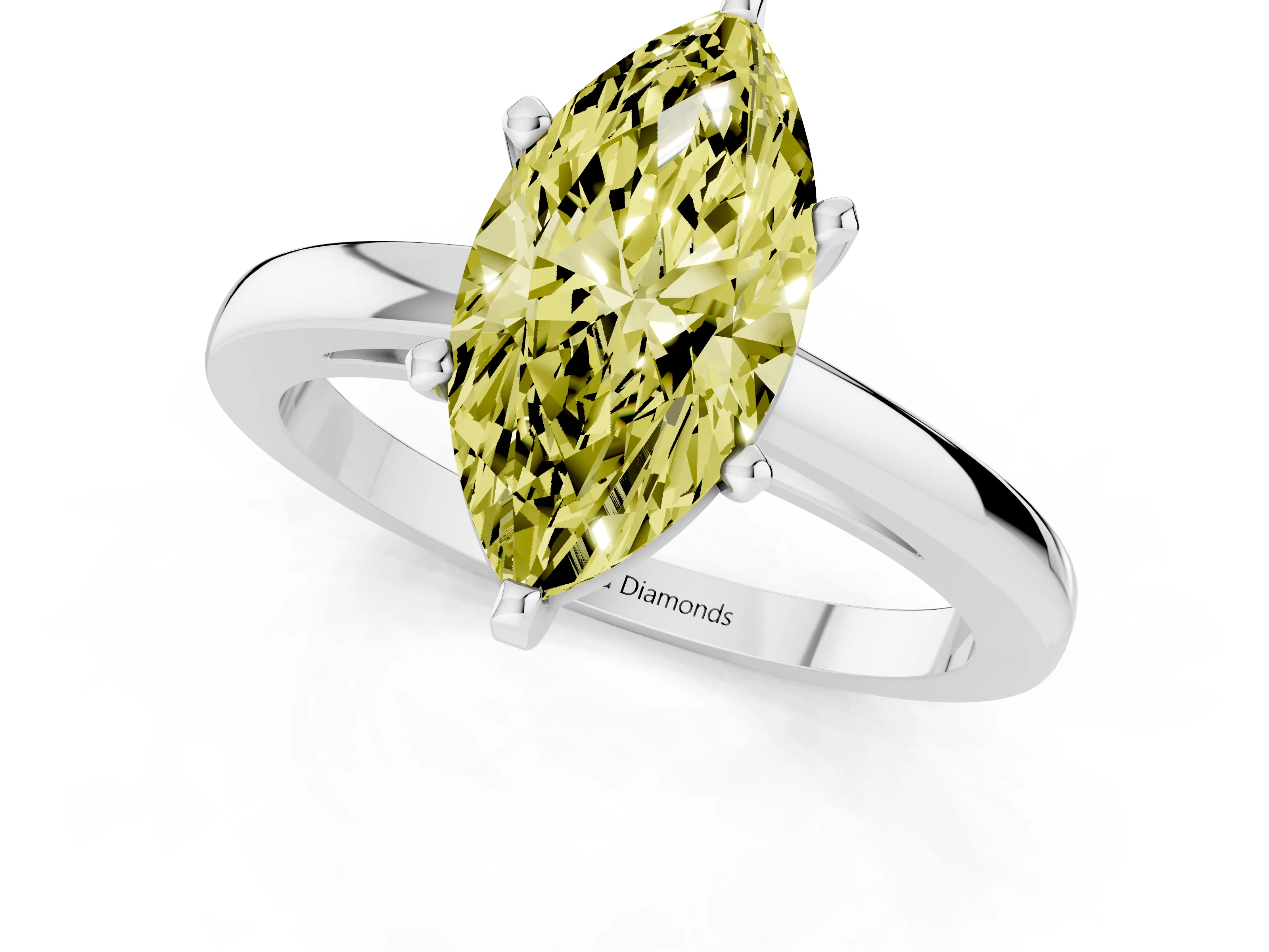 Fancy Yellow Marquise Cut Diamond Solitaire Engagement Ring Set in Silver with Prong Setting on a Classic Band