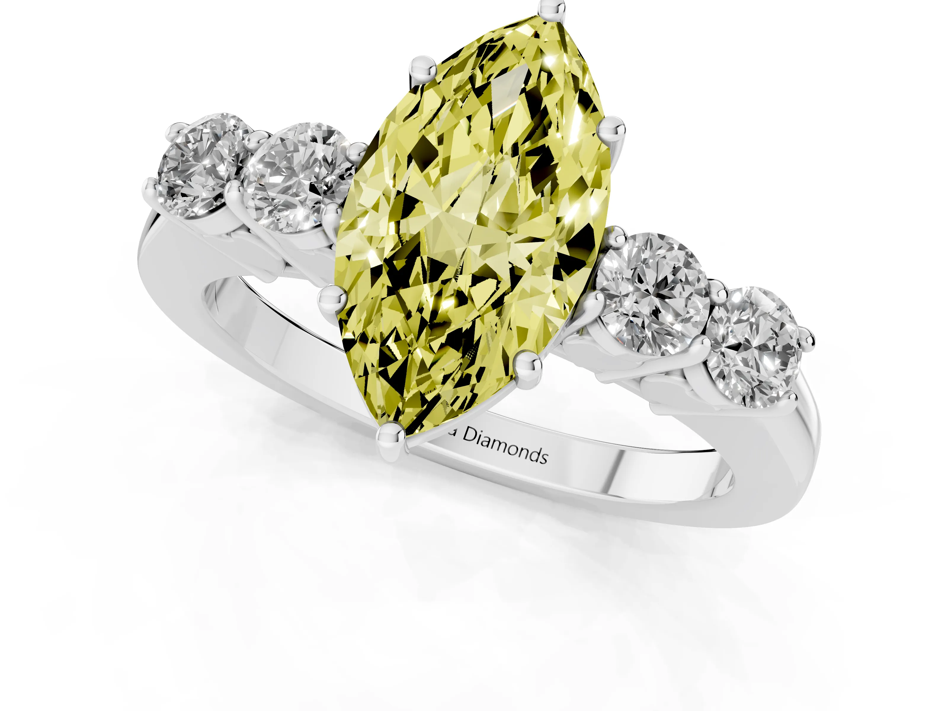 Fancy Yellow Marquise Cut Diamond Five-Stone Prong Set Band Ring Set in White gold with Polished Band