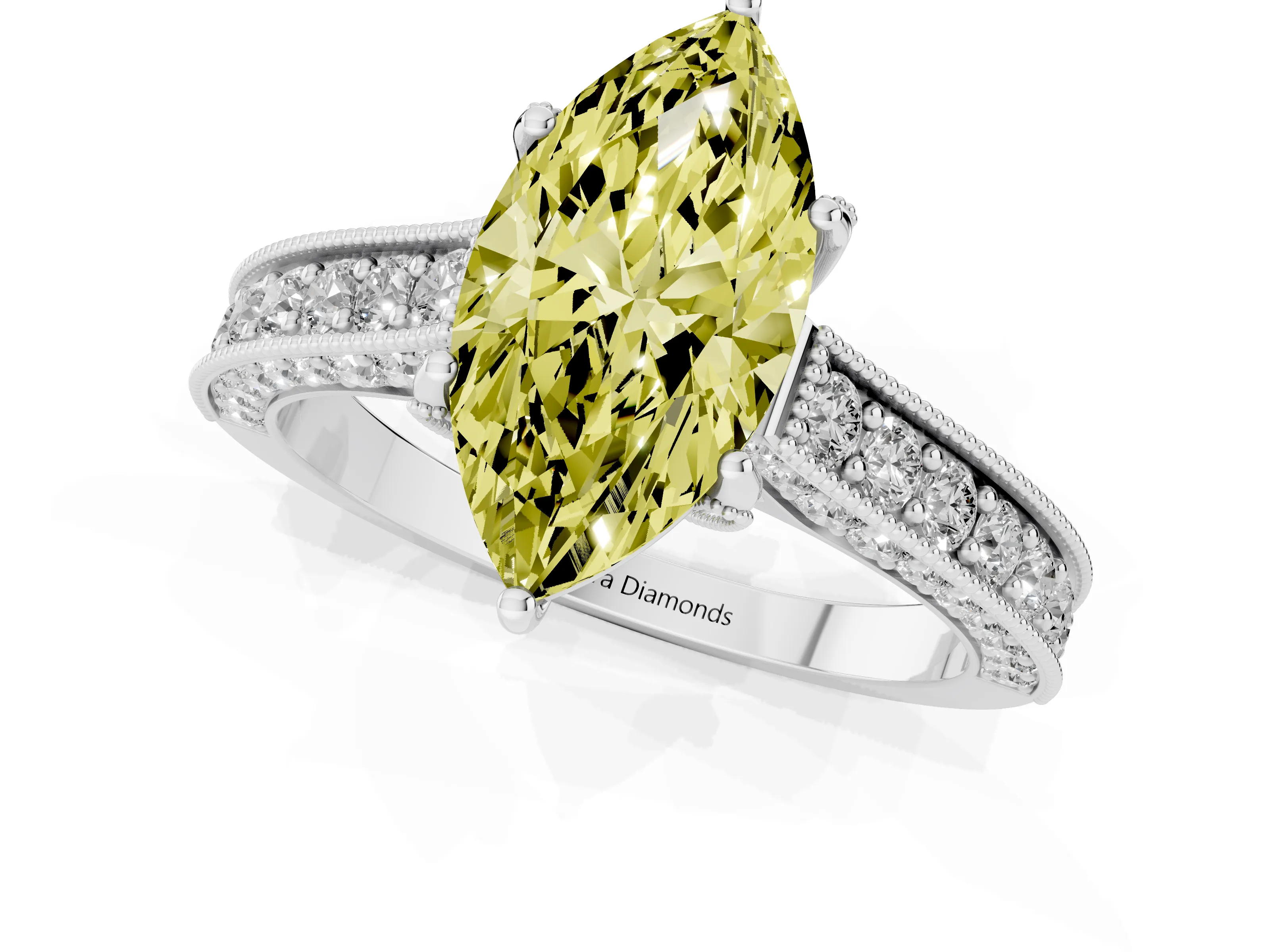 Fancy Yellow Marquise Cut Diamond Solitaire Ring Set in White gold with Milgrain-Edged Pavé Band and Prong Setting
