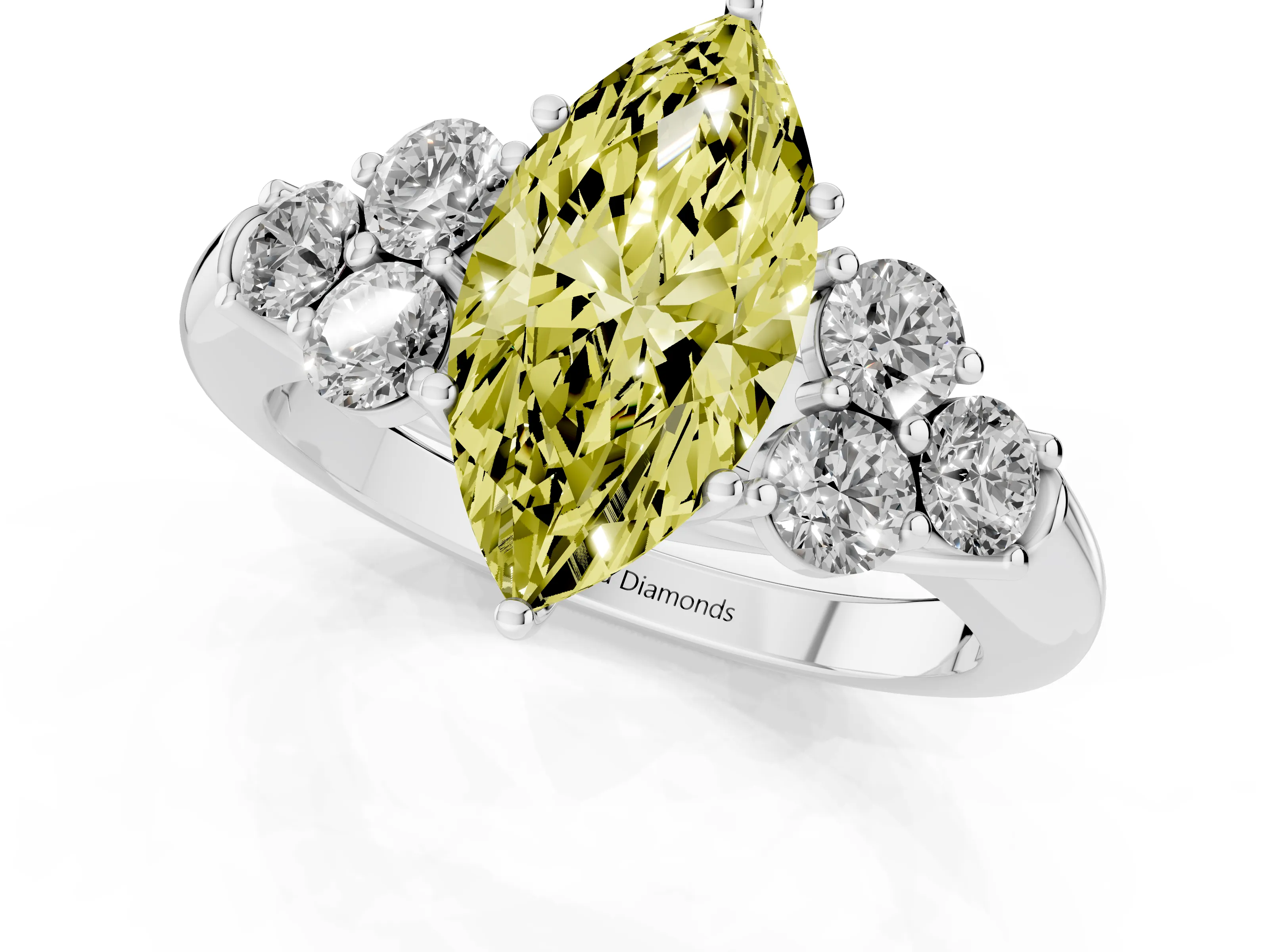 Fancy Yellow Marquise Cut Diamond Cluster Ring Set in Platinum with Round Accent Stones and Prong Setting on a Plain Band