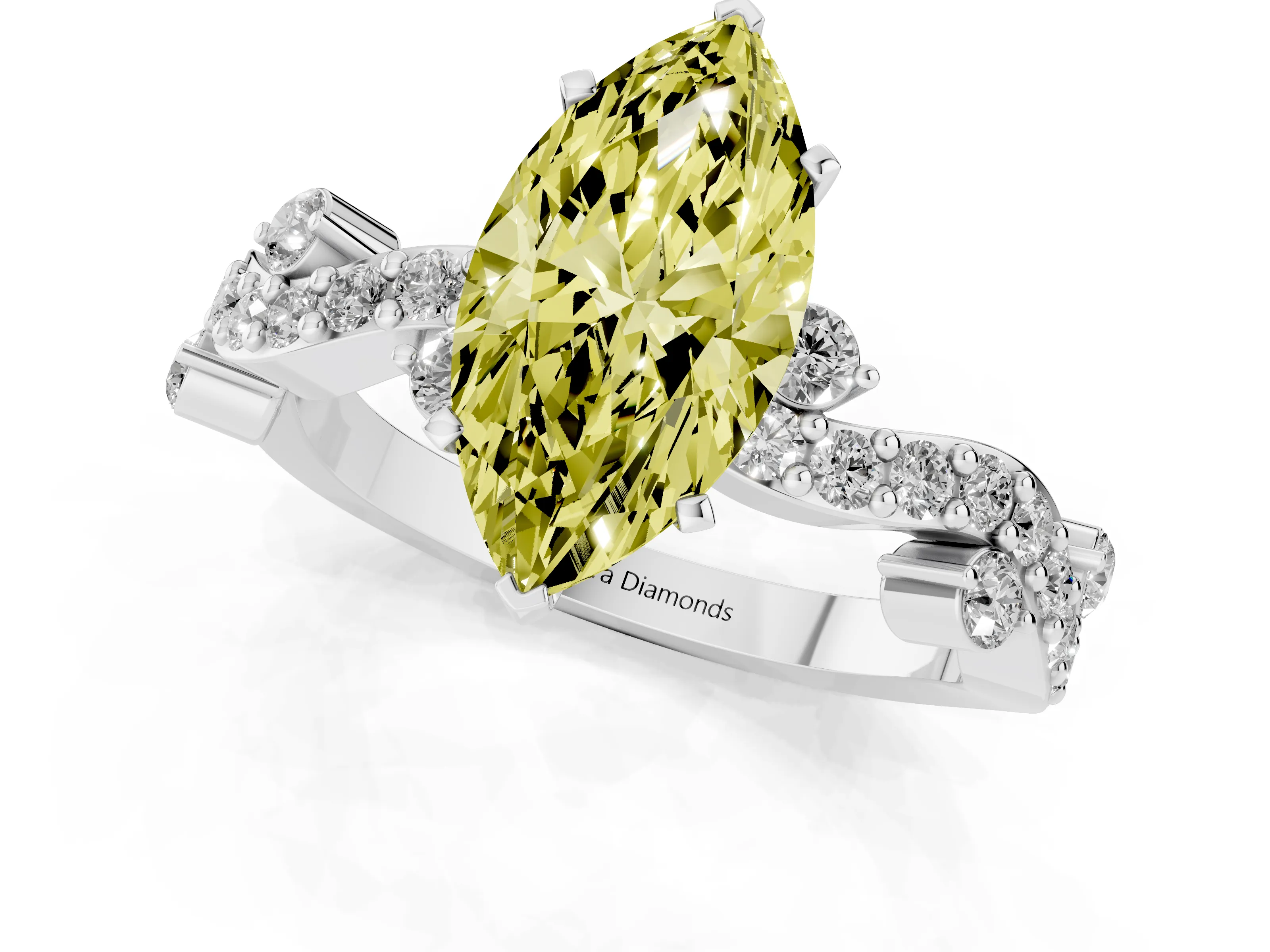 Fancy Yellow Marquise Cut Diamond Solitaire Twisted Band Set in Platinum with Pavé Setting