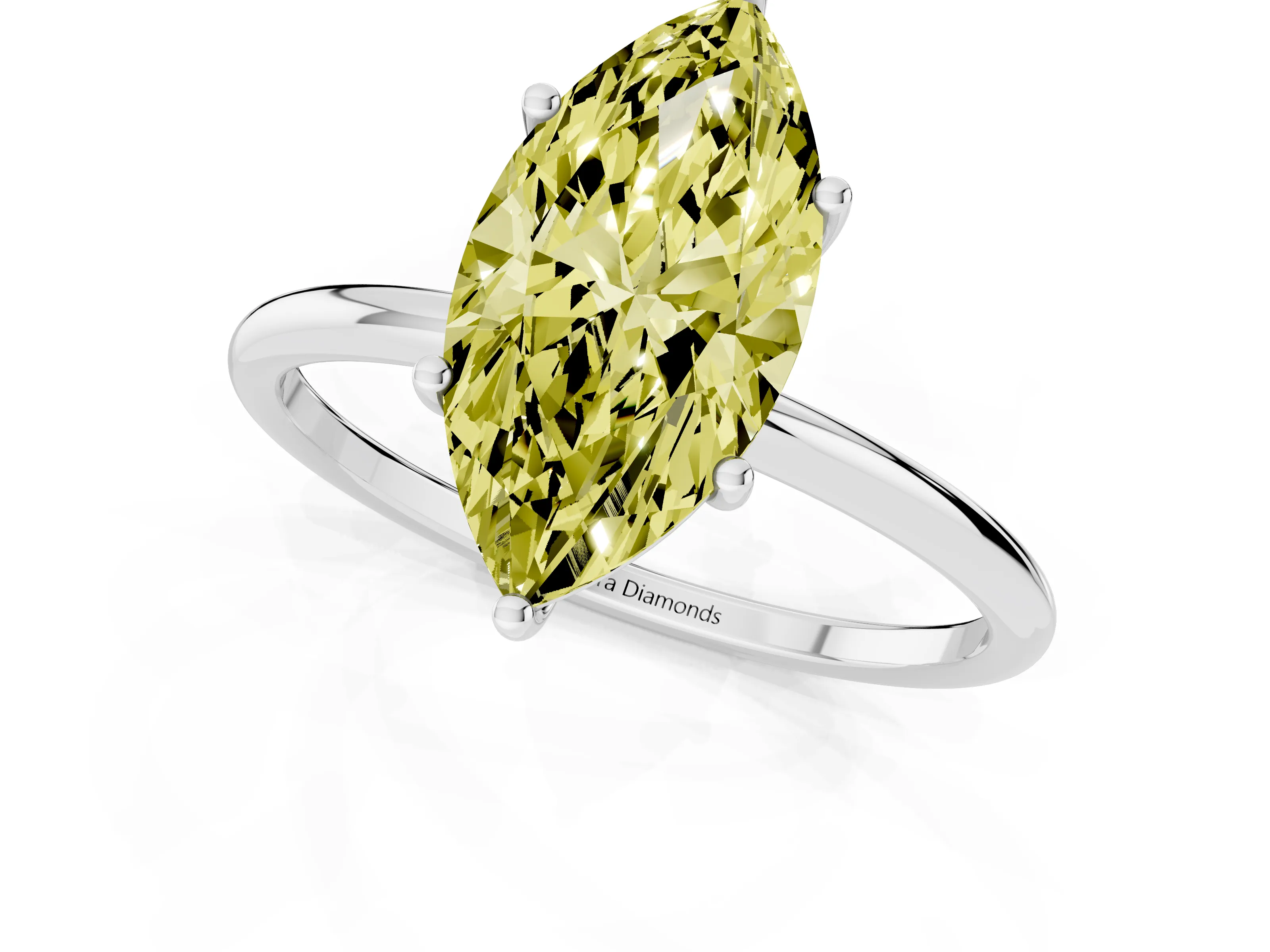 Fancy Yellow Marquise Cut Diamond Solitaire Engagement Ring Set in Platinum with Thin Band and Prong Setting