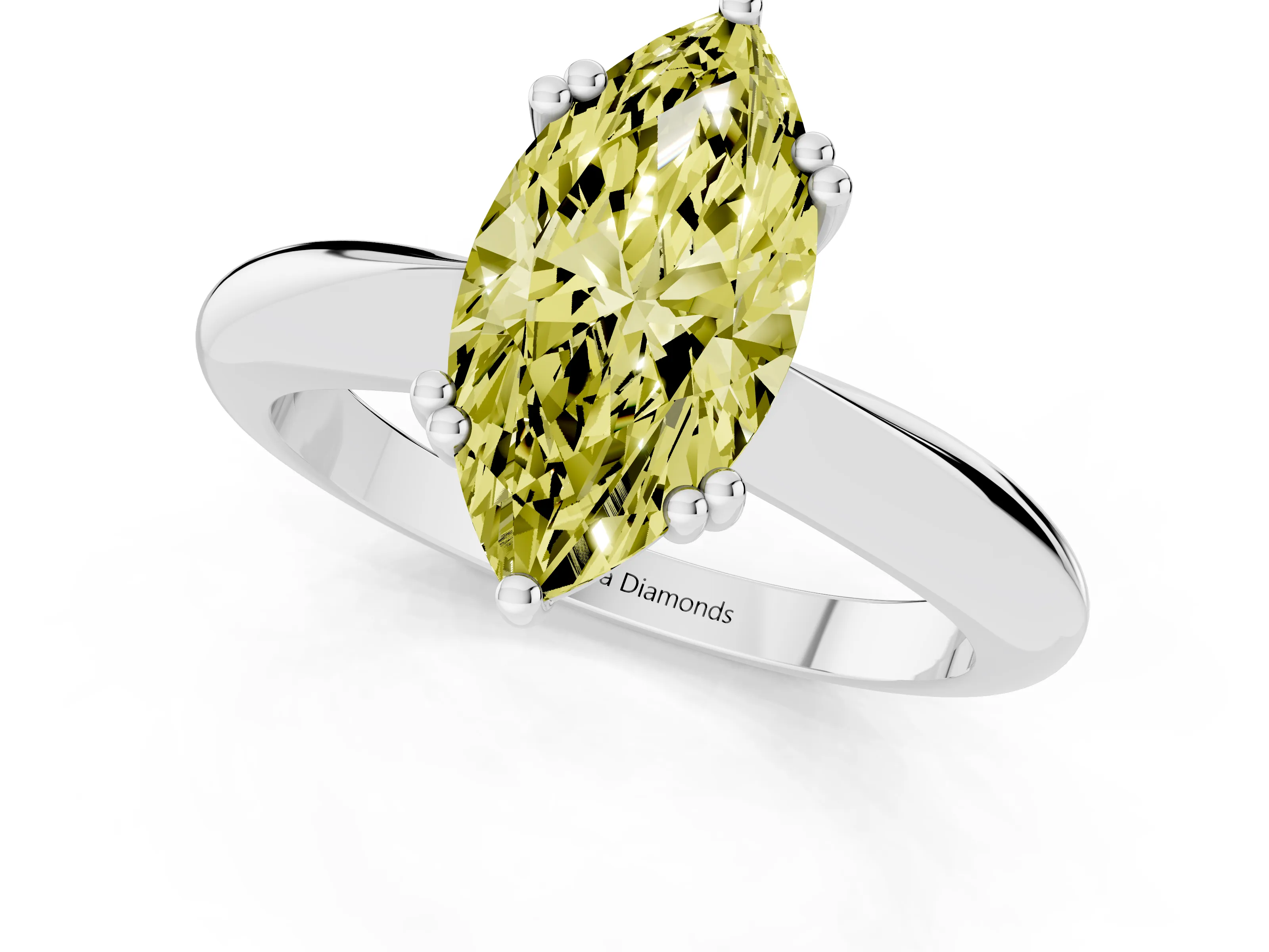 Fancy Yellow Marquise Cut Diamond Solitaire Engagement Ring Set in Platinum with Tapered Band and Prong Setting