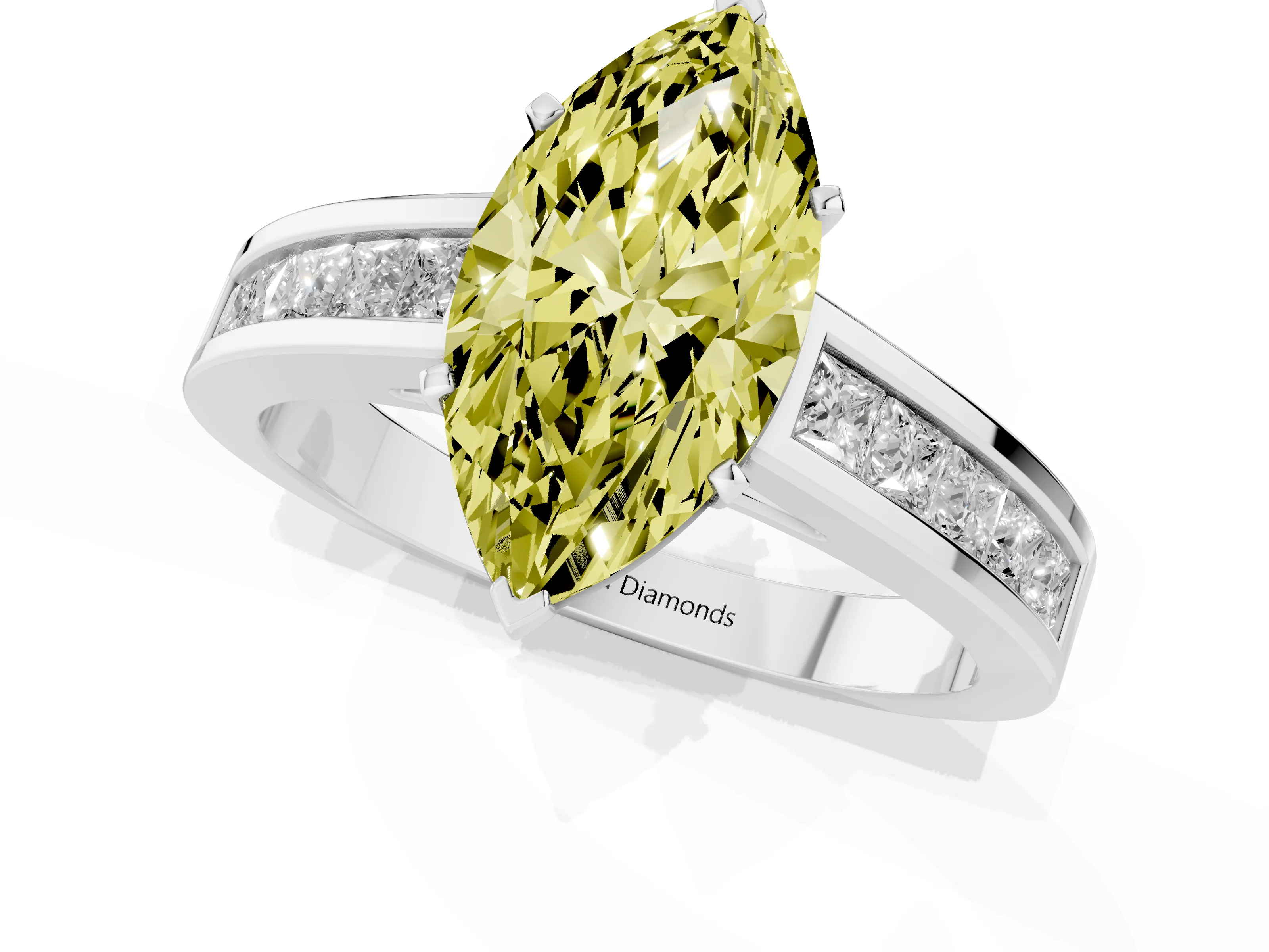 Fancy Yellow Marquise Cut Diamond Solitaire Ring Set in Platinum with Channel-Set Band and Prong Setting