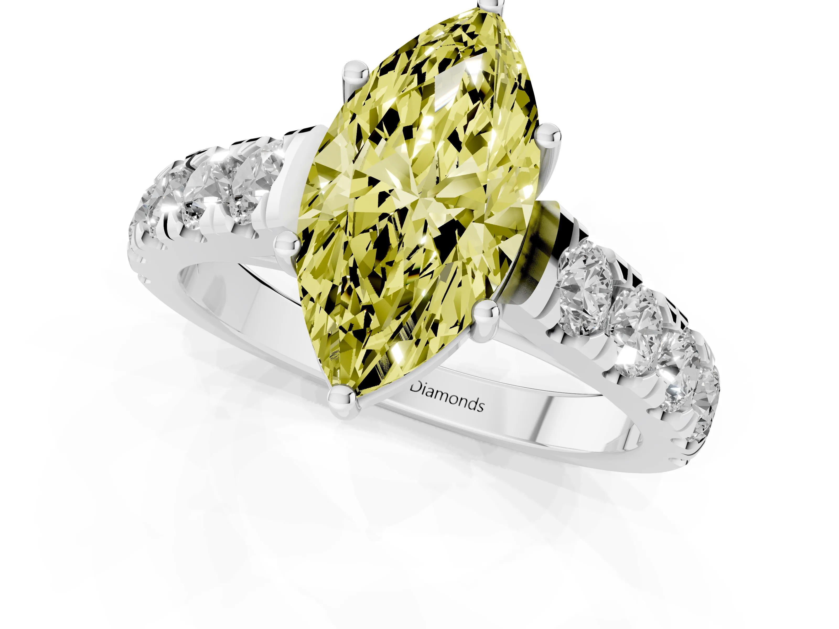 Fancy Yellow Marquise Cut Diamond Solitaire Ring Set in Platinum with Cut-Down Micro Pavé Band and Prong Setting