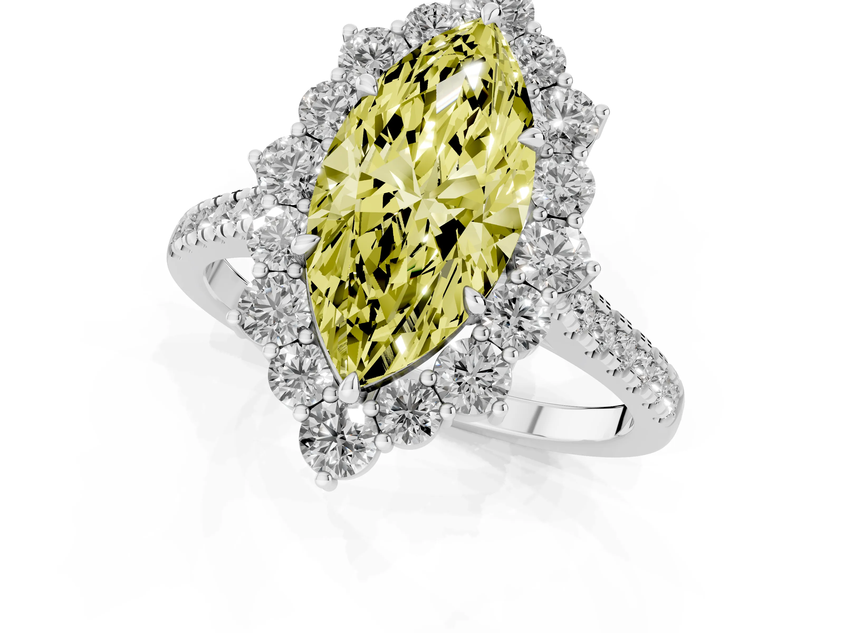 Fancy Yellow Marquise Cut Diamond Halo Ring Set in Silver with Pavé Band and Prong Setting