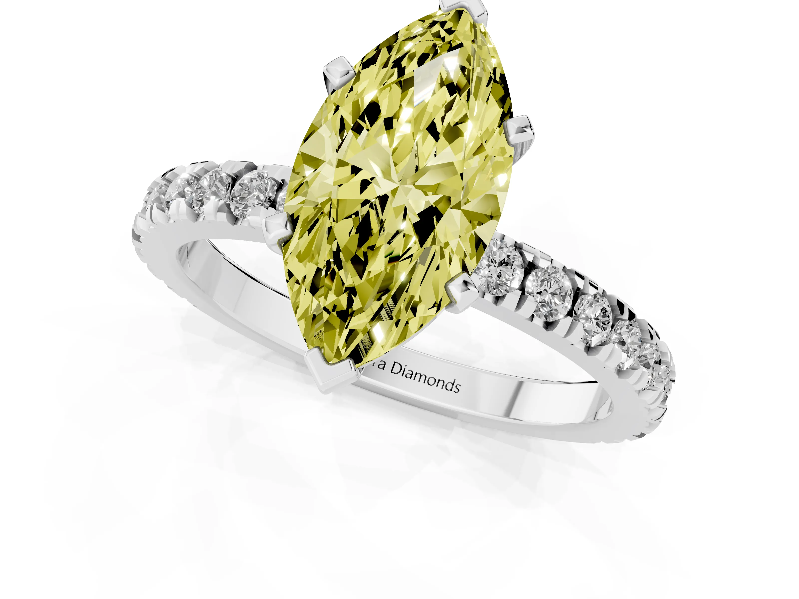 Fancy Yellow Marquise Cut Diamond Pavé Band Solitaire Set in White gold with Prong Setting