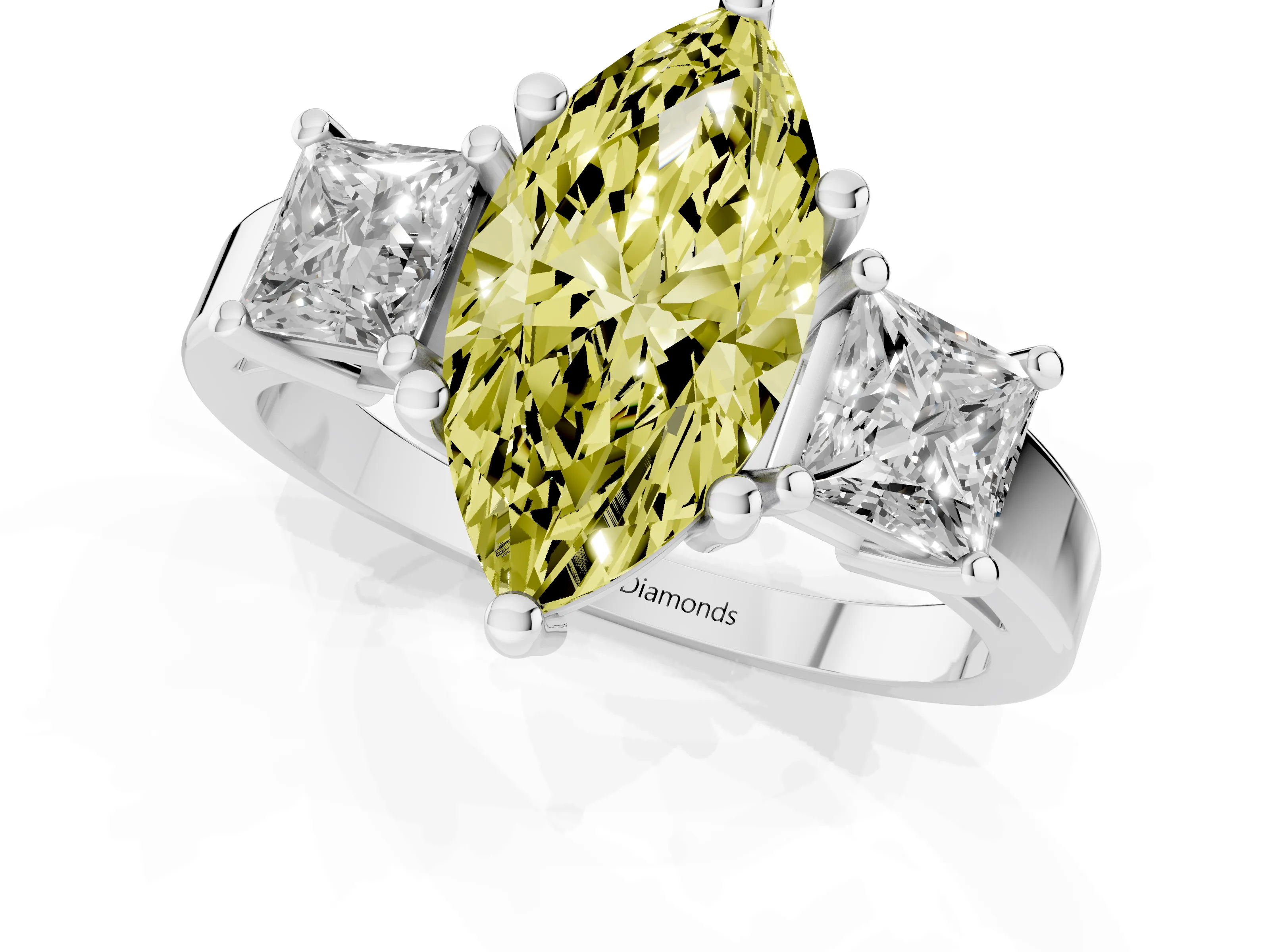 Fancy Yellow Three-Stone Marquise Cut Diamond Solitaire Ring Set in Platinum with Prong Setting