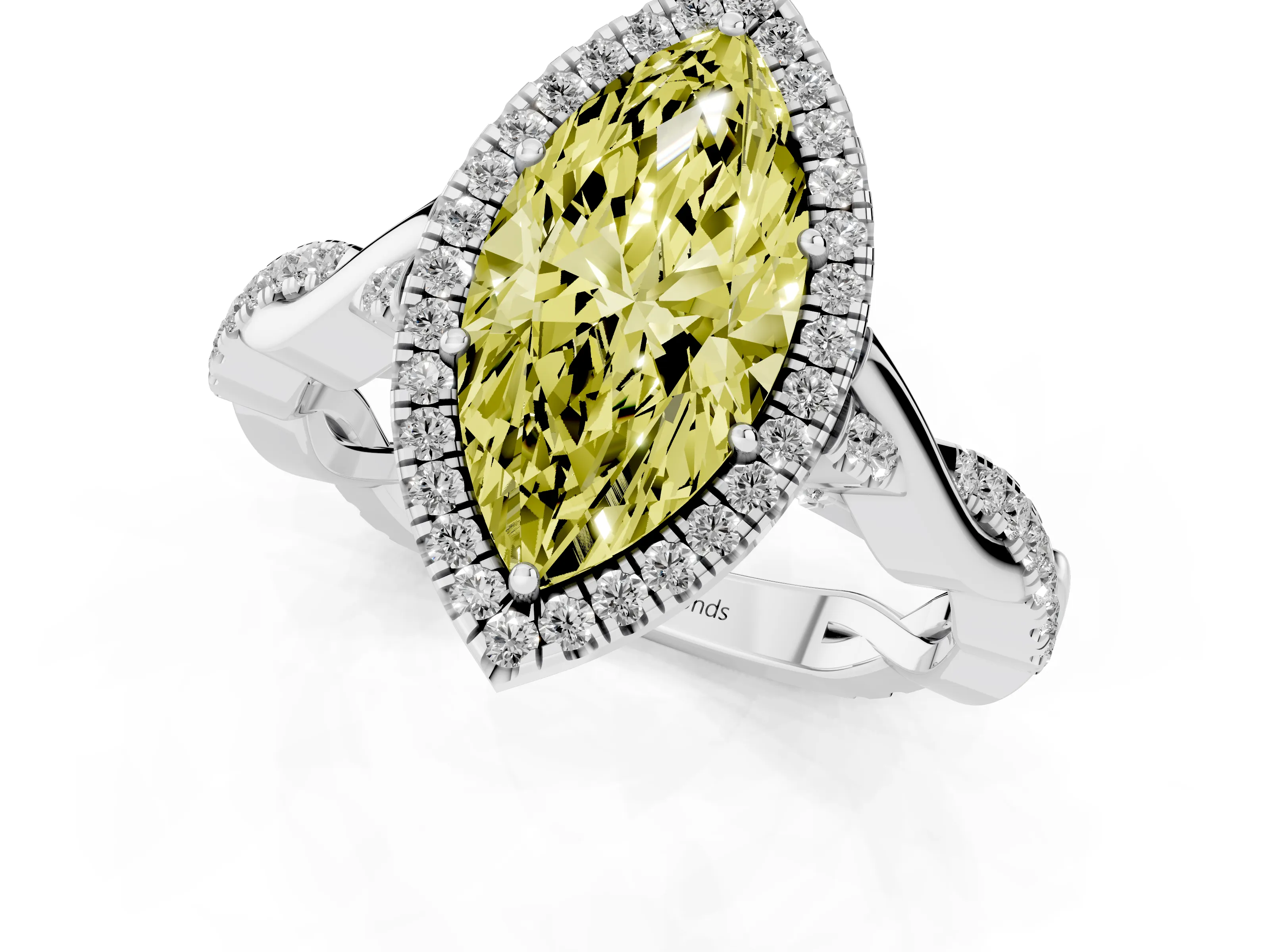 Fancy Yellow Marquise Cut Diamond Halo Twist Band Solitaire Ring Set in Silver with Prong Setting