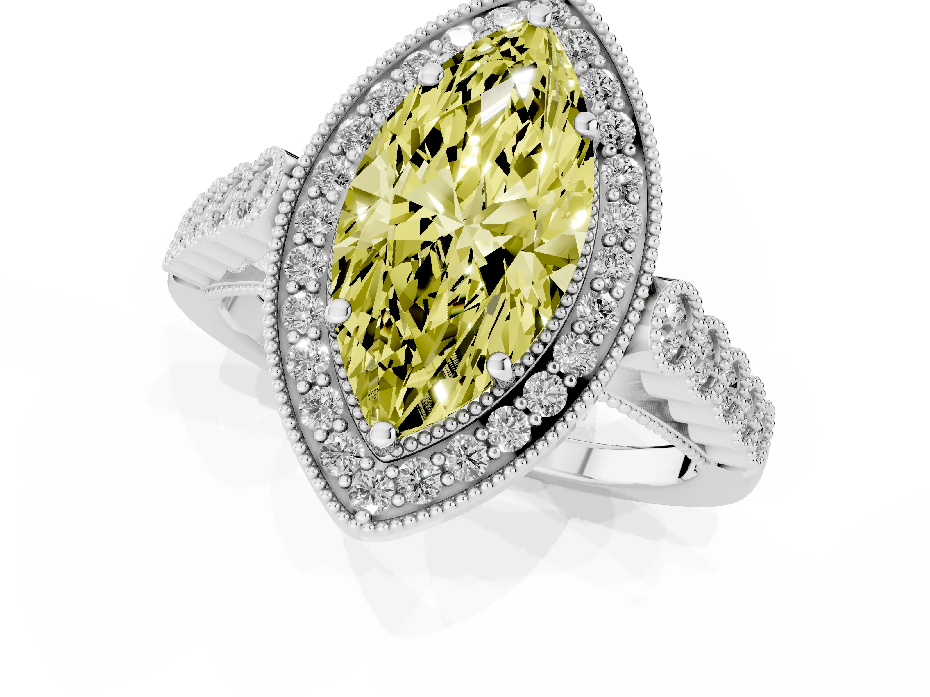 Fancy Yellow Marquise Cut Diamond Milgrain Halo Solitaire Ring Set in Platinum with Bezel Set Side Stones and Pavé Band – second view