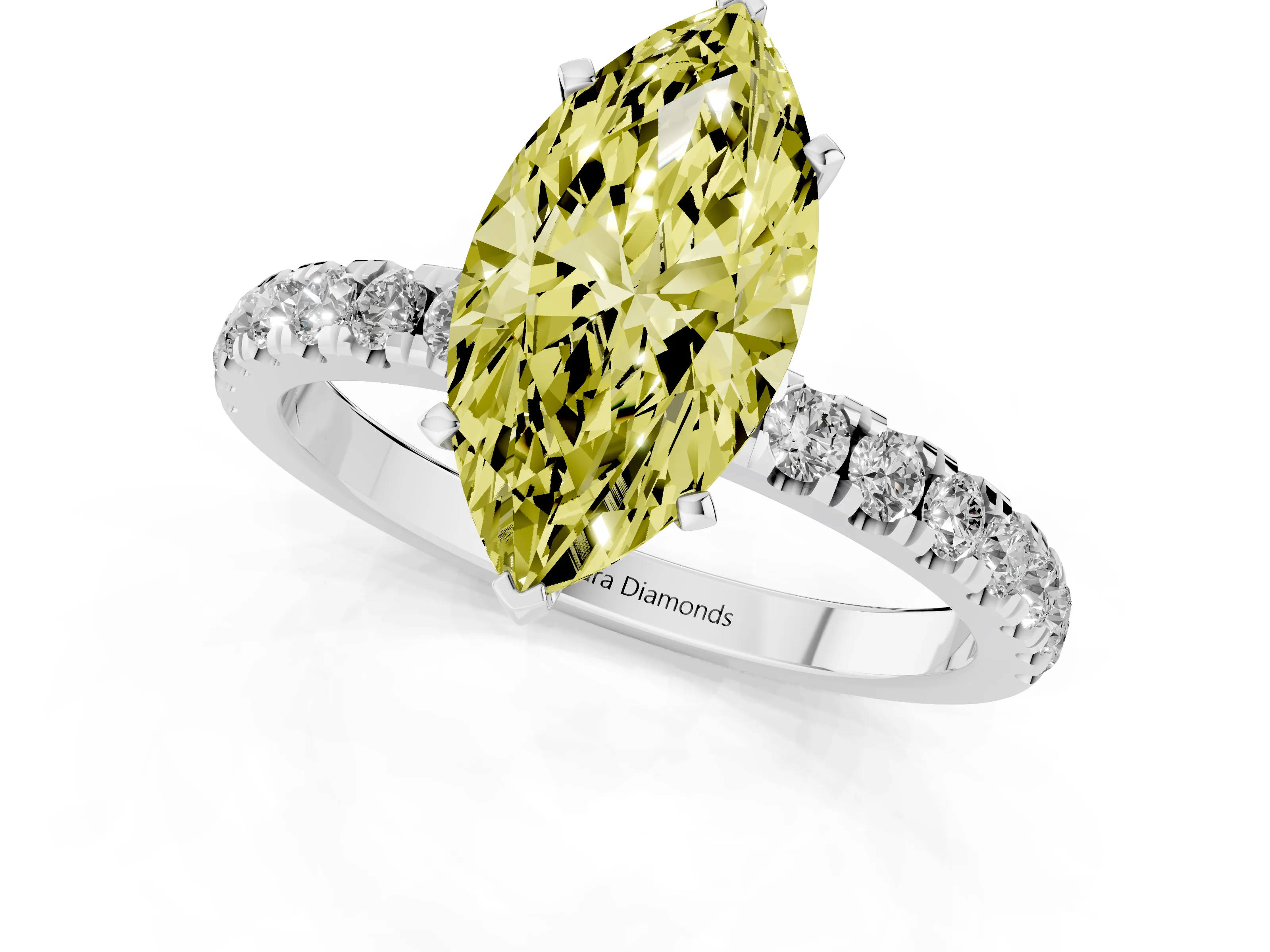 Fancy Yellow Marquise Cut Diamond Solitaire Ring Set in Platinum with Pavé Accents and Prong Setting