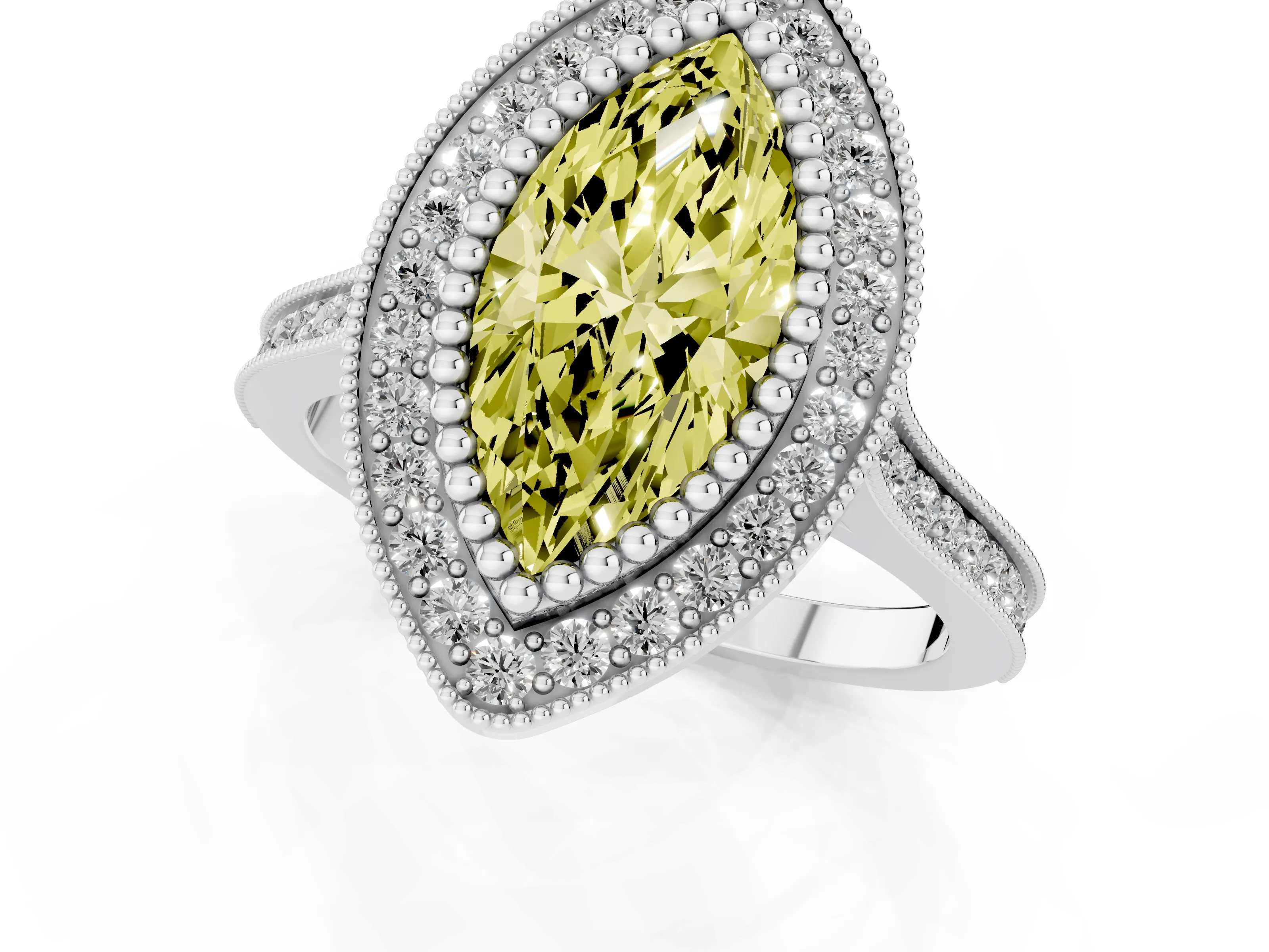 Fancy Yellow Marquise Cut Diamond Halo Ring Set in Silver with Milgrain Frame and Pavé Band