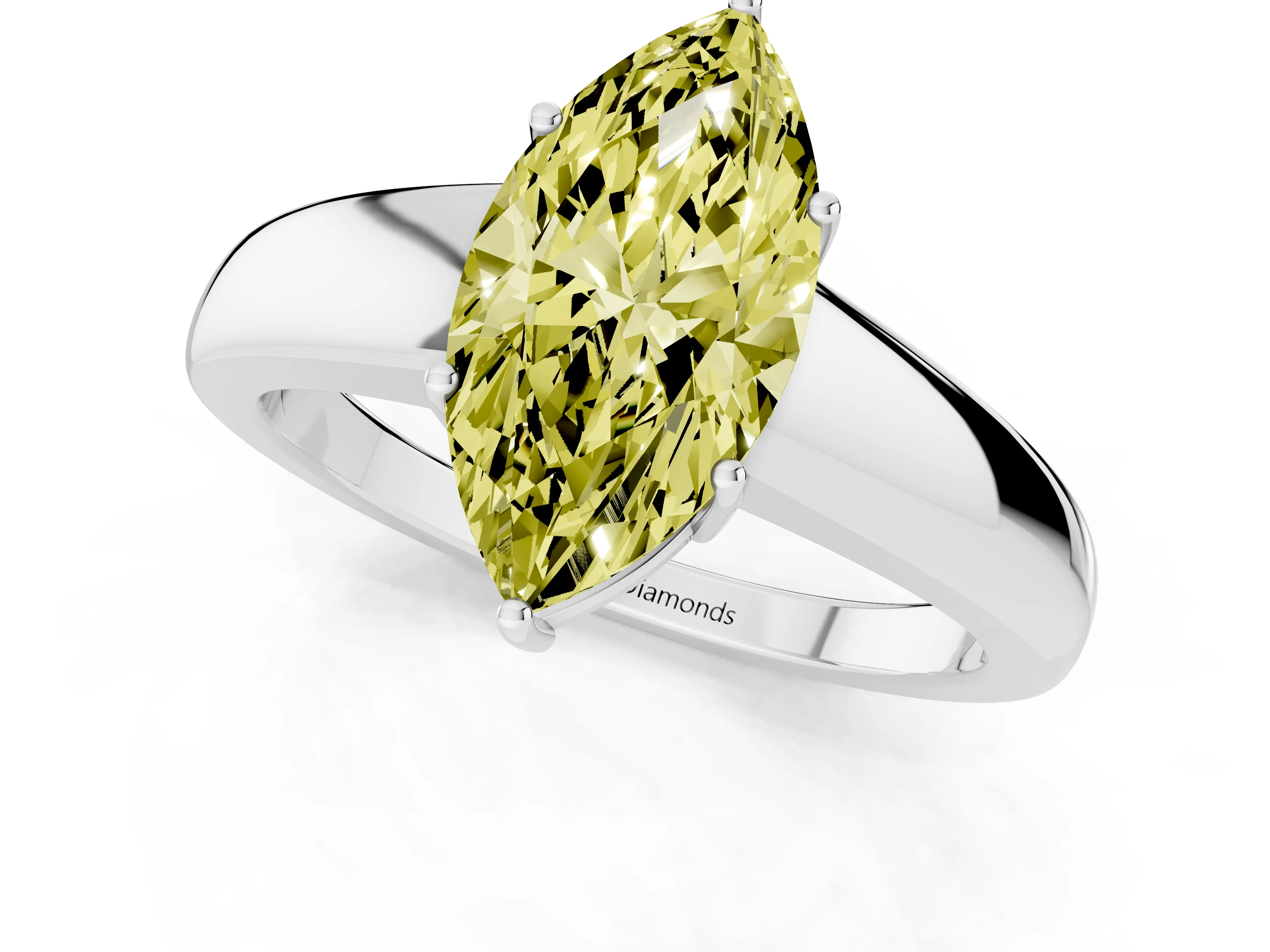 Fancy Yellow Marquise Cut Diamond Solitaire Ring Set in Silver with Tapered Band and Prong Setting