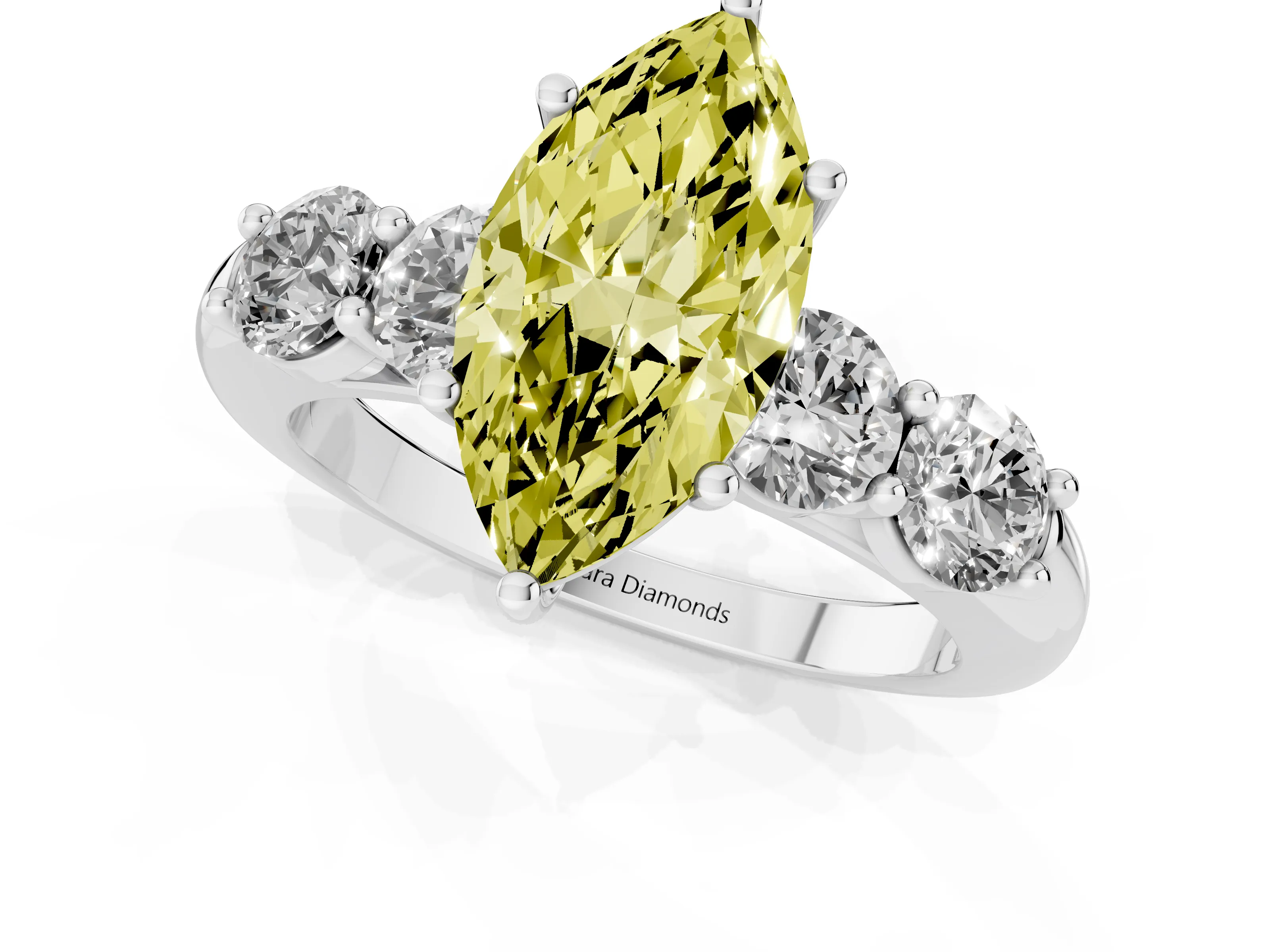 Fancy Yellow Marquise Cut Diamond Five-Stone Prong Set Ring Set in White gold with Classic Band