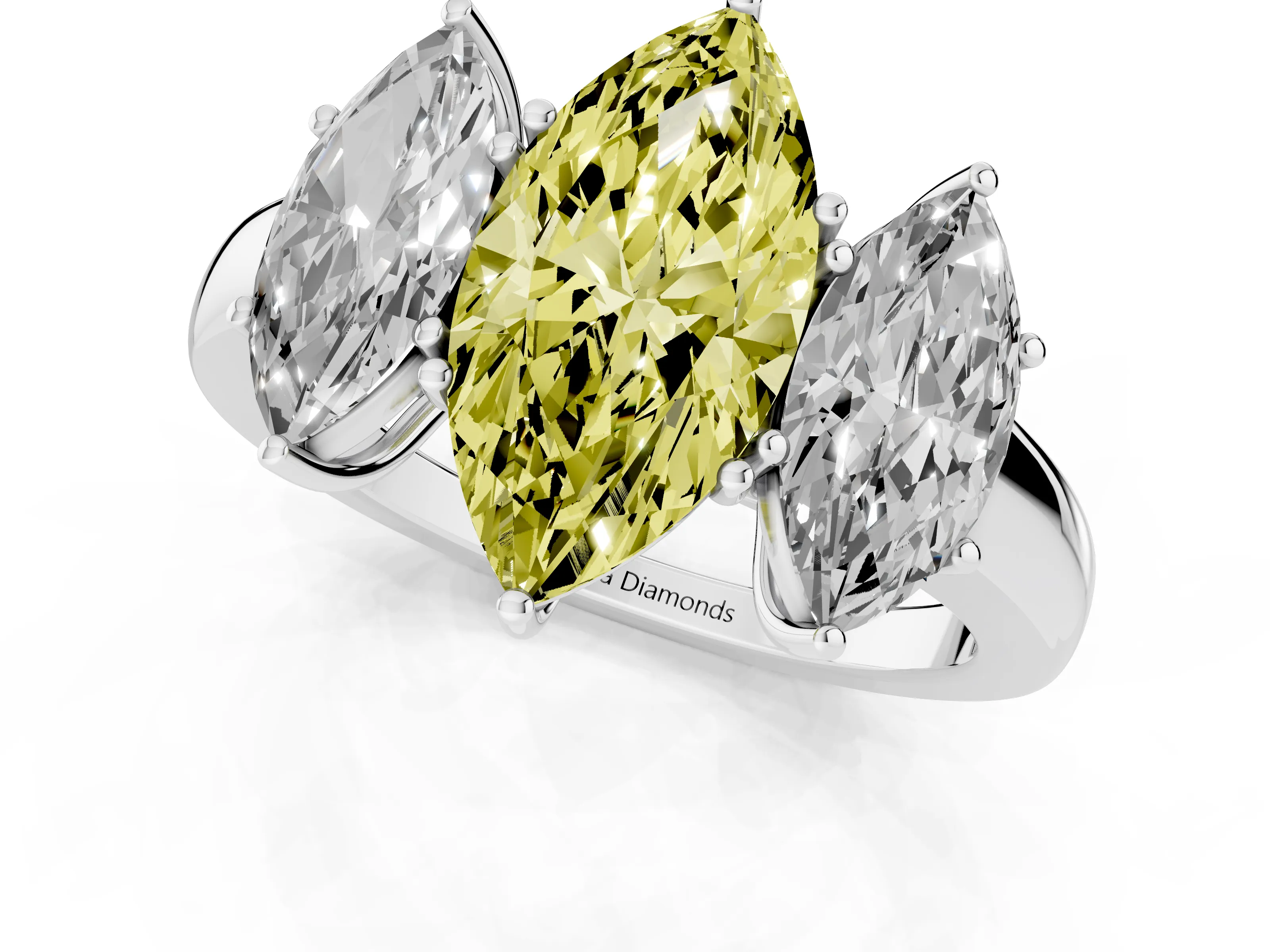 Fancy Yellow Marquise Cut Diamond Three-Stone Ring Set in White gold with Bold Center and Classic Band